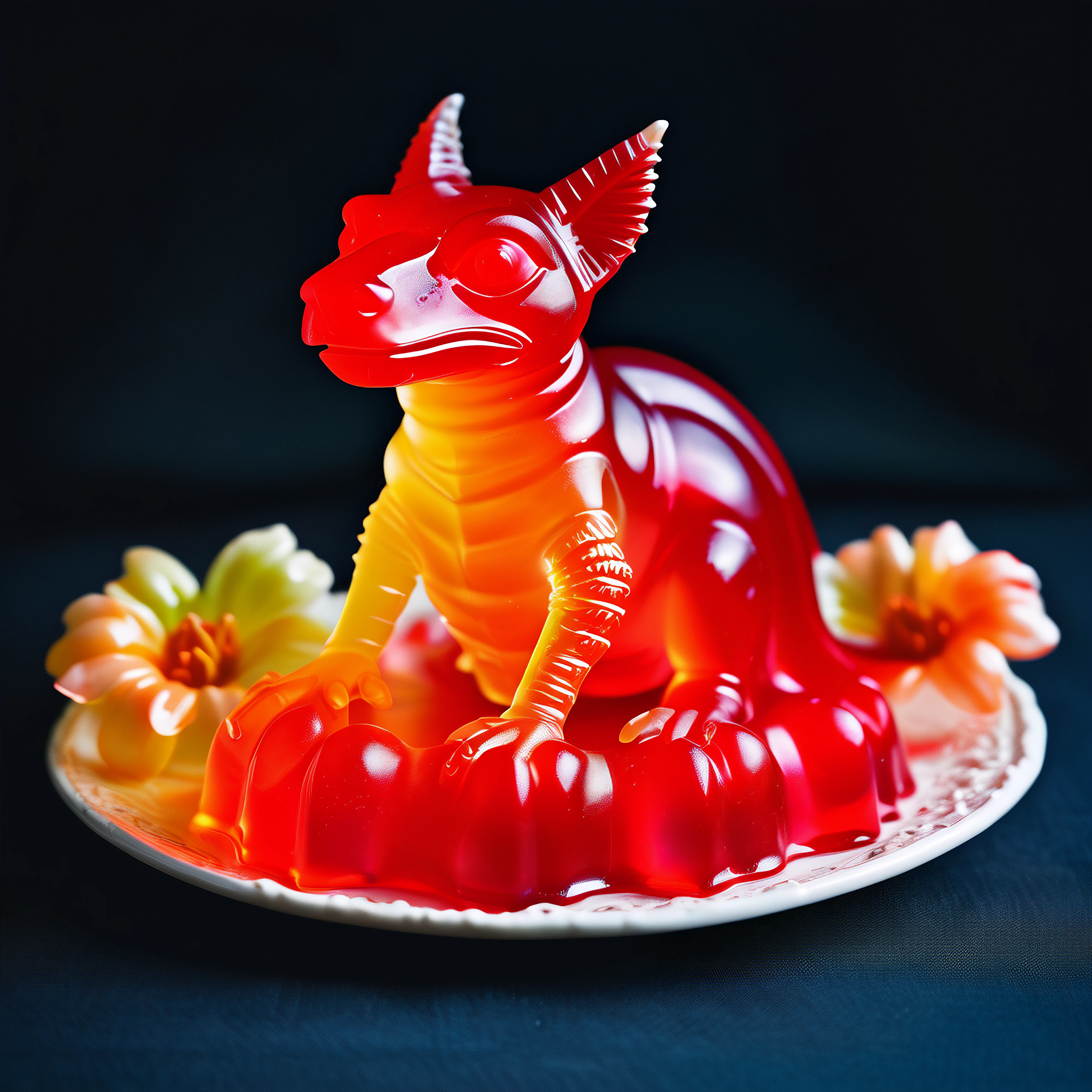 A sculpture, chupacabra is made out of jello_molds, food photography, magazine editorial, best quality, soft focus, intricate detail 