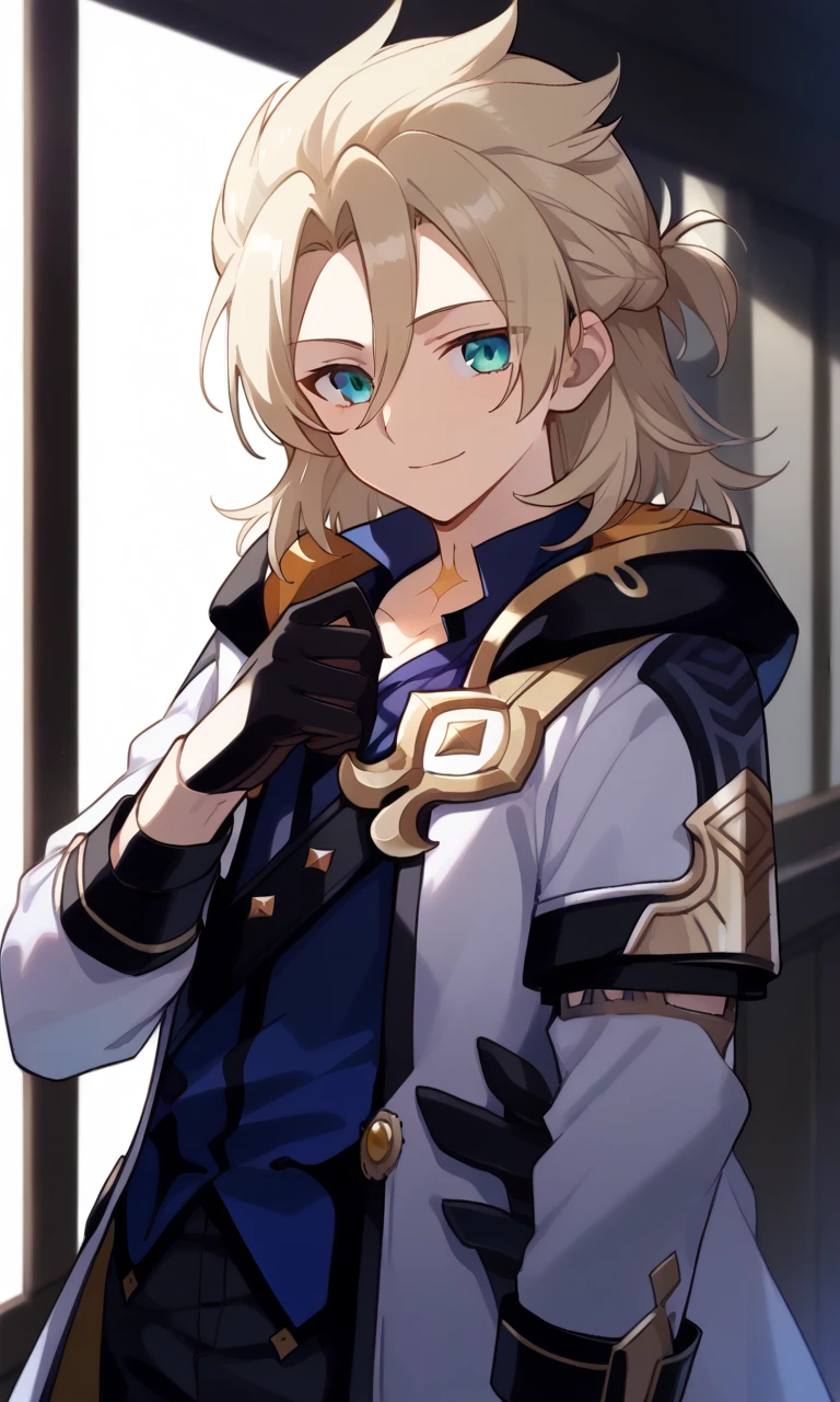 1boy,solo,male focus, smile,albedo,blonde hair,hair between eyes,aqua eyes,shirt,blue shirt,coat,white coat,scar on neck,gloves,black gloves