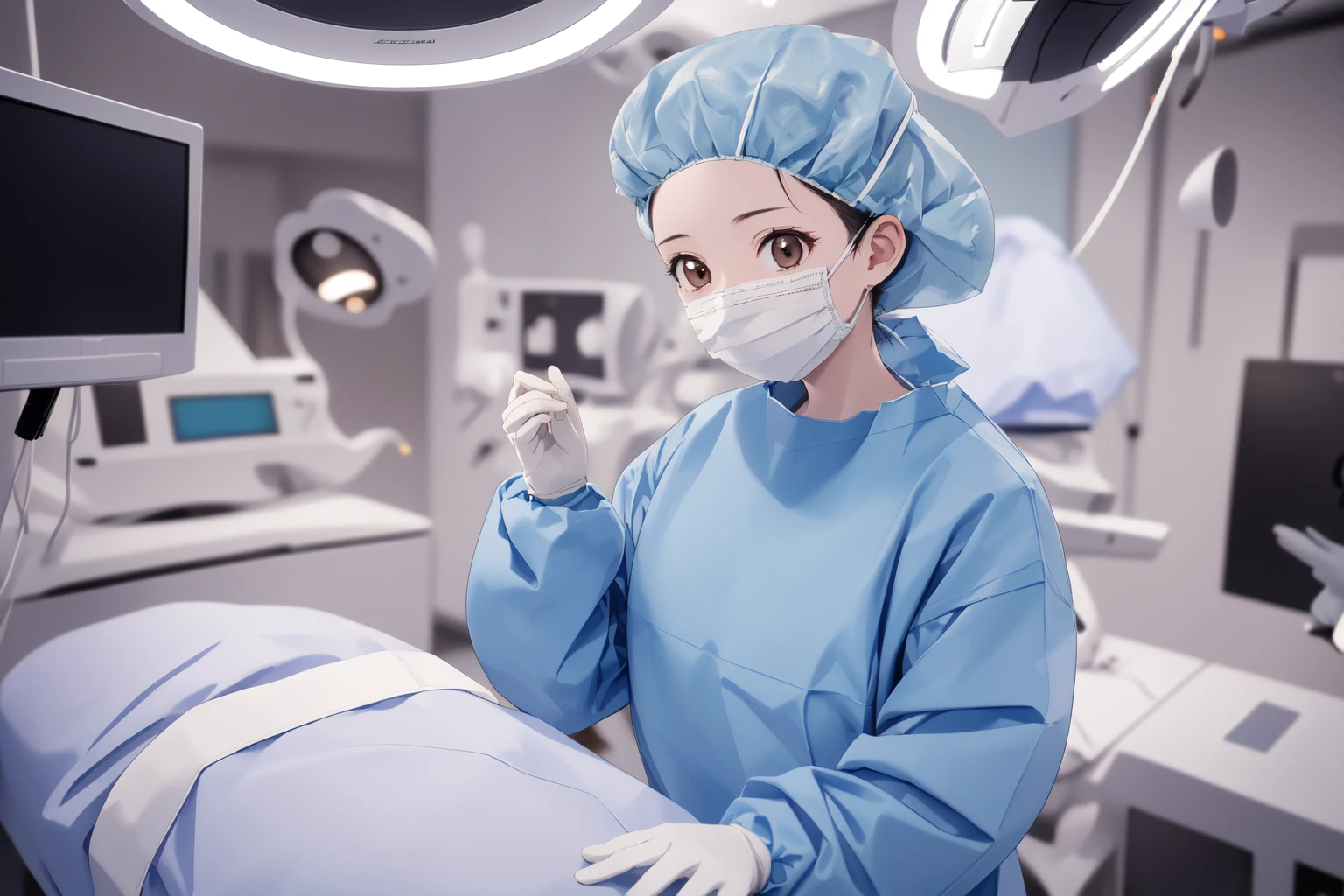 (RAW photo, best quality), 1girl, long sleeve surgical outfit, surgical mask,  surgical gloves, surgical cap,  operating room, overhead surgical light, dslr, blurred background, focused
 <lora:concept_surgery_cap_v2_1:1> surgery_cap,
 <lora:aoi_takamoto_dr_elise_v1_2:1> aoi takamoto