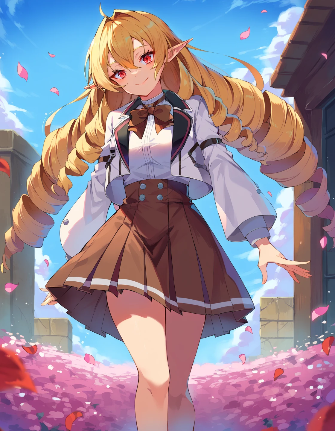 score_9, score_8_up, score_7_up, score_6_up, score_5_up, score_4_up, source anime, BREAK
<lora:mushoku_multiple:0.9> mushoku tensei, elinalise dragonroad, 1girl, ahoge, blonde hair, blue sky, bow, bowtie, box, brown bow, brown bowtie, brown skirt, closed mouth, cumulonimbus cloud, day, drill hair, floating hair, hair between eyes, hair intakes, looking at viewer, miniskirt, outdoors, petals, pleated skirt, pointy ears, red eyes, smile, solo, standing, underbust, very long hair, white jacket, white shirt, absurdres,
full body, cowboy shot