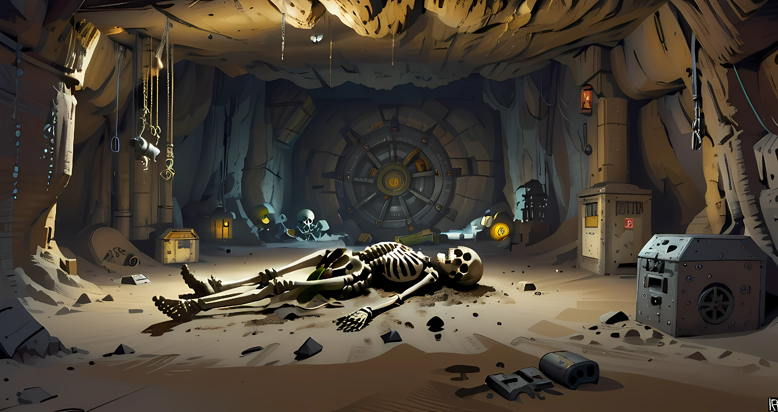 a pile of skeletons in rags lie in the dust, a vltdoor in a cave wall, machine, cog, vault