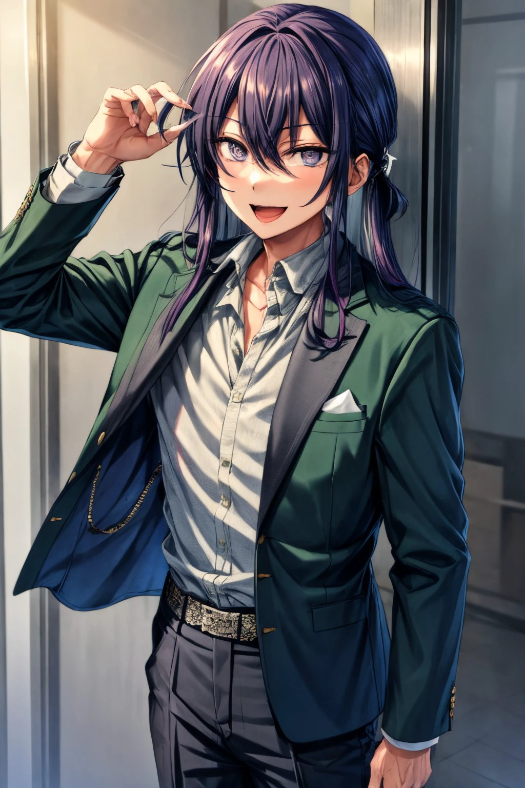 (masterpiece), best quality, expressive eyes, perfect face, souma_k, looking at viewer, smile, open mouth, shirt, jacket, formal, suit, green jacket, <lora:more_details:0.7>, <lora:GoodHands-beta2:0.7>, <lora:57b464ab-0556-4993-8fd2-c1f58c46a3dd:0.7>