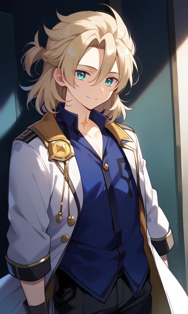 1boy,solo,male focus, smile,albedo,blonde hair,hair between eyes,aqua eyes,shirt,blue shirt,coat,white coat,scar on neck,gloves,black gloves