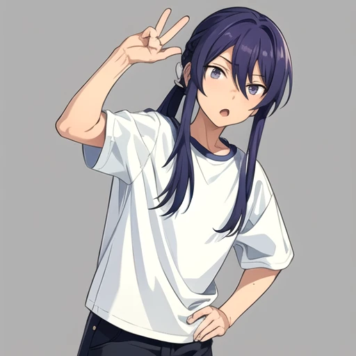 <lora:SoumaKanzaki-08:0.75>, souma_k, looking at viewer, open mouth, simple background, shirt, hair between eyes, blue hair, sidelocks, cowboy shot, pants, hand up, :o, black background, hand on own chin, grey pants