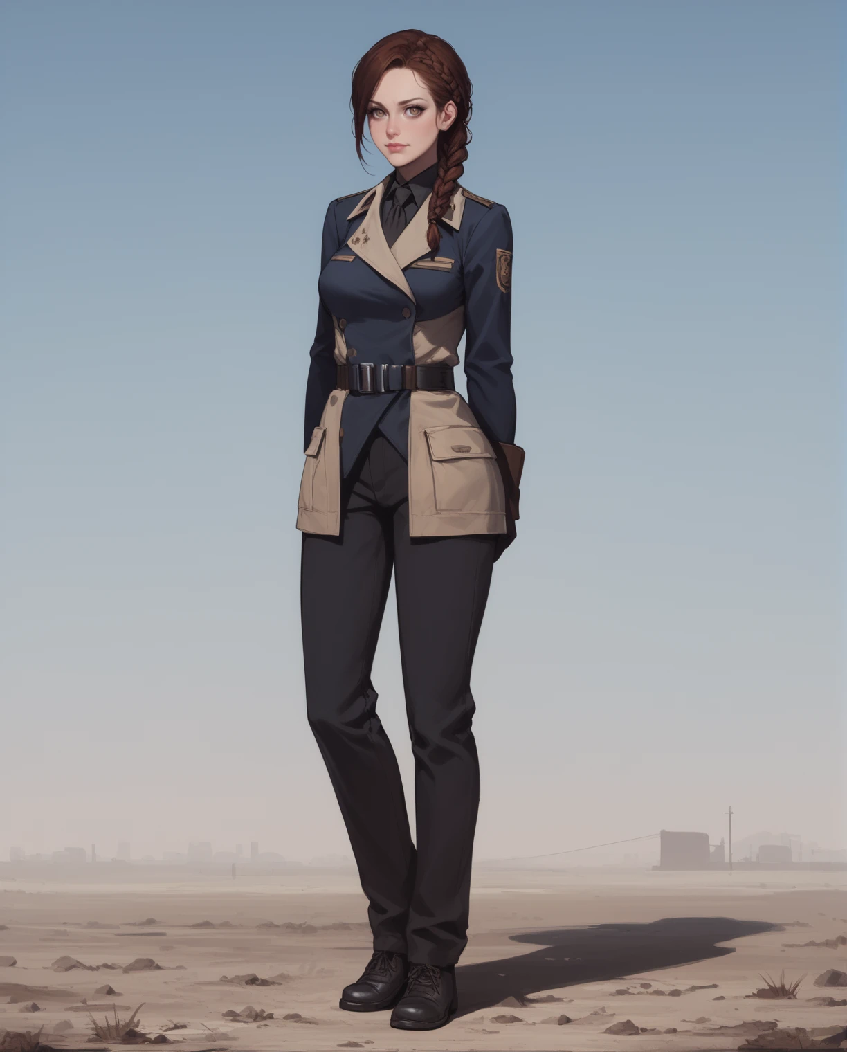 score_9, score_8_up, score_7_up, source_anime BREAK (1girl),single braid hair, brown hair, full body, detailed eyes, enclaveuni,wearing uniform, pants, <lora:Fallout_-_Enclave_Officer_Uniform:0.7>  , wasteland