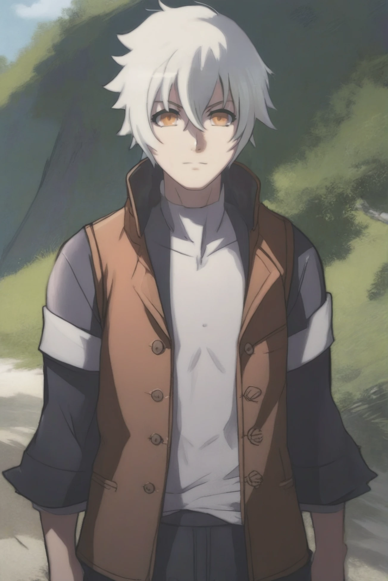 anime style digital painting, (full body:1.2), 1boy, man, masculine, solo, [:outlandish costume design,:0.2] adventurer, albino, floralwhite hair, (slim:1) build, ruined,hillside scifi hamlet in a Coastal Strand<lora:EnvyStarlightHyakkaRyouranStyle01:1>