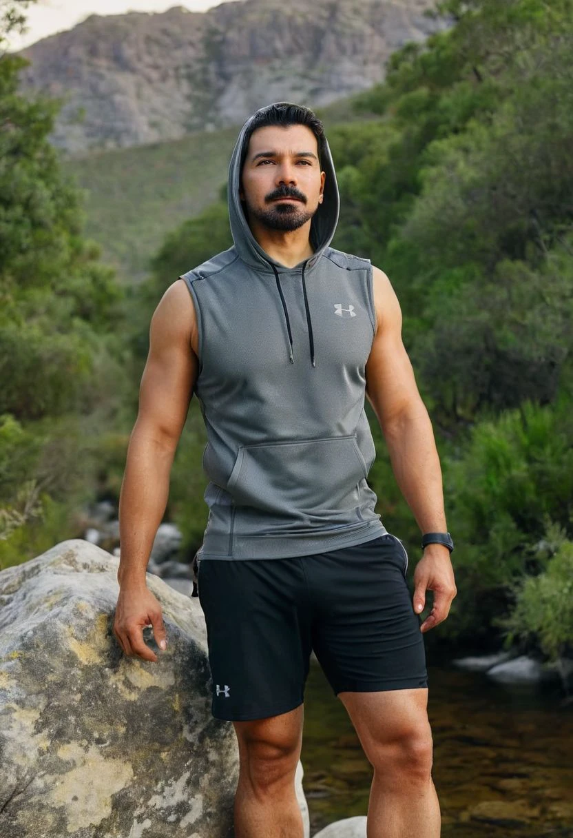 photo of adam lambert a man <lora:abhinav-shukla_adam-lambert:1>, wearing a sleeveless well-fitted under armour hoodie and compression shorts, standing on a boulder, outdoor trail, 35mm photograph, film, bokeh, professional, 4k, highly detailed, creek in the background, natural lighting, golden hour