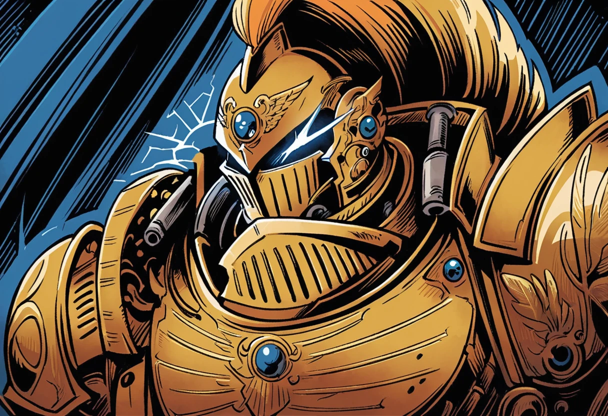 (digital illustration), Adeptus Custode, golden power armor, upper body, portrait, dynamic composition, centered, comic book \(style\), bold lines, dramatic shading, [[splash page]], line art, extremely detailed, dramatic, warhammer 40k
 <lora:custodians-08:1>