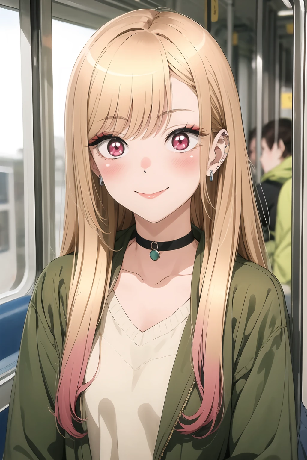 1girl, solo, long hair, looking at viewer, blush, smile, bangs, blonde hair, red eyes, jewelry, closed mouth, collarbone, jacket, upper body, multicolored hair, earrings, choker, indoors, black choker, piercing, ear piercing, green jacket, train interior, kitagawa marin, blurry background, <lora:Sono Bisque Doll wa Koi wo Suru - Marin Kitagawa R5:0.8>, (score 9, score 8 up, score 7 up, score 6 up, score 5 up, score 4 up)