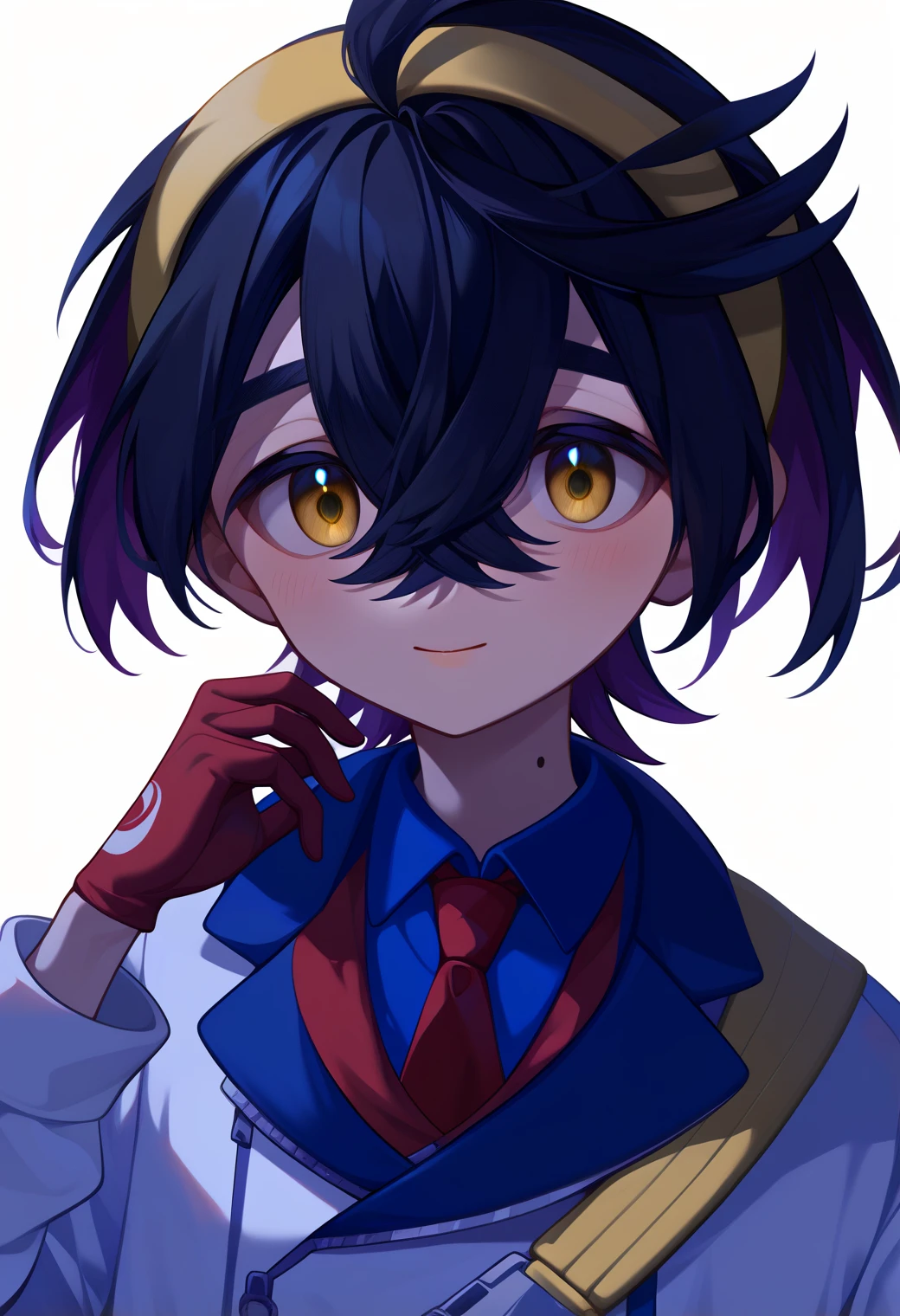 score_9, score_8_up, score_7_up, score_6_up, score_5_up, score_4_up, best quality, amazing quality, best aesthetic, absurdres, kieran, yellow eyes, multicolored hair, black hair, blue collared shirt, white shorts, white jacket, blue socks, necktie, white shoes, partially fingerless gloves, sinlgle glove, red glove, zipper pull tab, yellow hairband ,hair between eyes<lora:EMS-352734-EMS:1.000000>