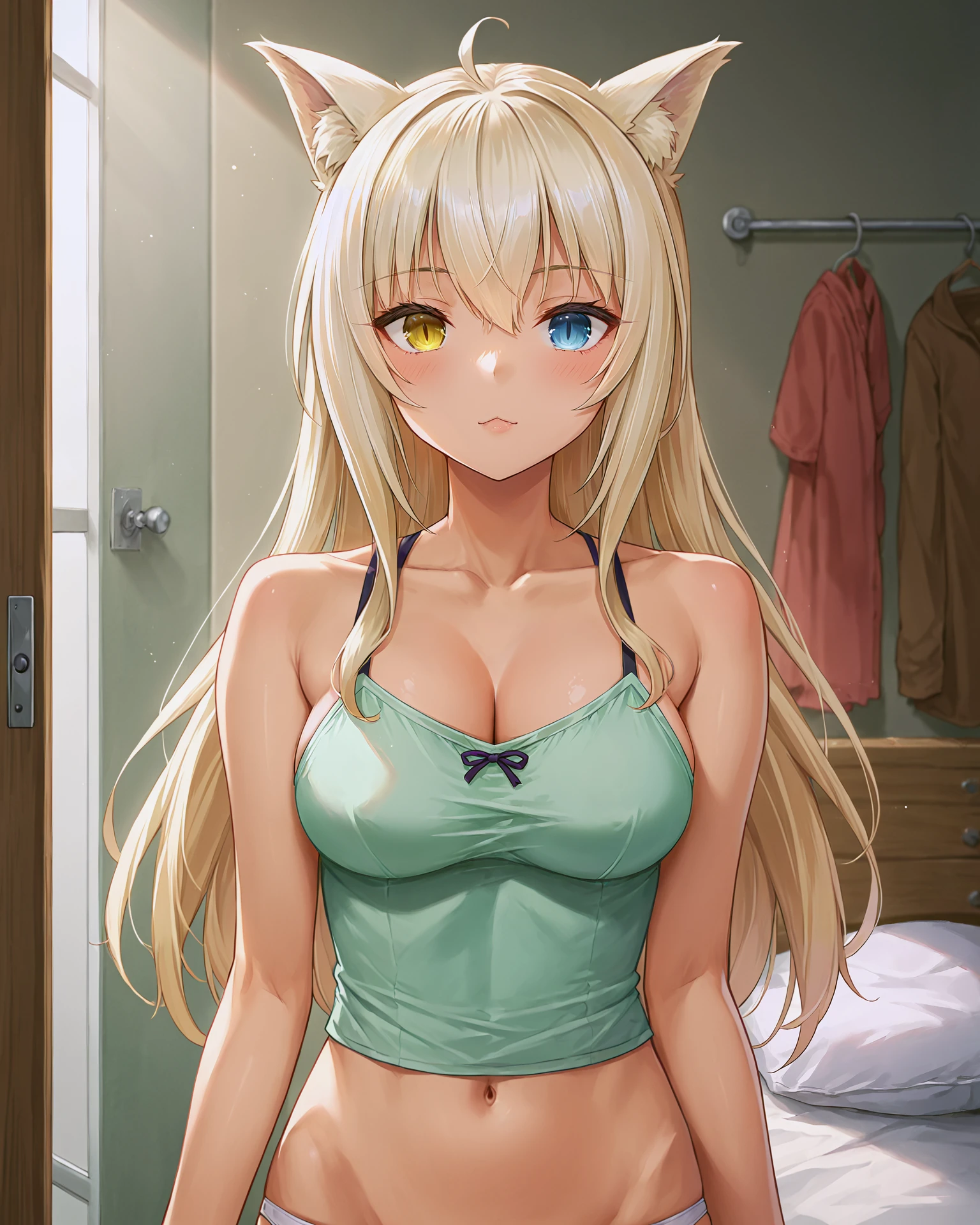 <lora:Neko_Coconut_XL:0.7> coconut, blonde hair, bangs, hair between eyes, ahoge, heterochromia, yellow eye, blue eye, cat girl, cat ears, cat tail, long hair, bare shoulders, collarbone, long tank top, camisole, light green shirt, underwear, cleavage, midriff, navel, panties, upper body,, <lora:9_Detail_Tweaker_XL:0.8>, score_9, score_8_up, score_7_up, source_anime, masterpiece, best quality, highly detailed background, cinematic lighting, detailed eyes, perfect face,, lazy, teenager room, messy, bedroom, bed sheet, closet,