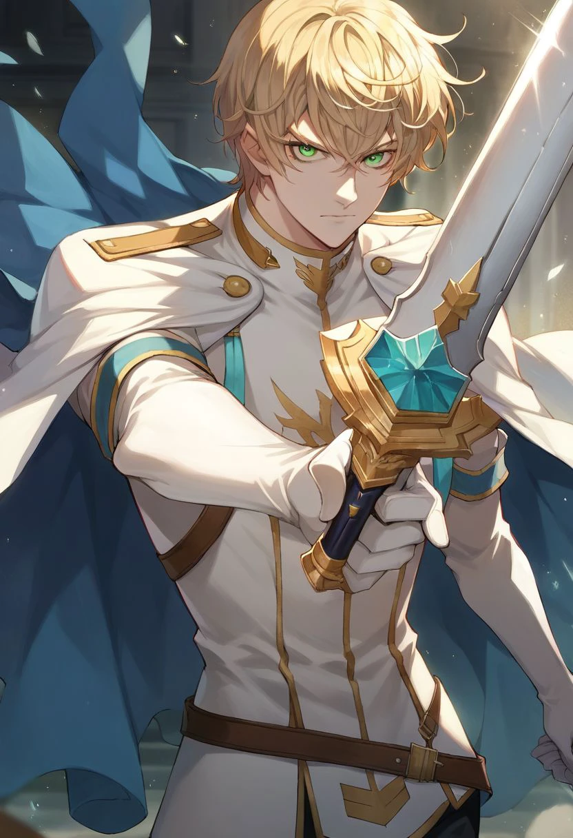 score_9, score_8_up, score_7_up, source_anime
oscar dragonia, 1boy, solo, blonde hair, green eyes, white uniform, white and blue cape, white elbow gloves, holding sword, emotionless, looking at viewer, cowboy shot, nori
masterpiece, best quality, very aesthetic, absurdres