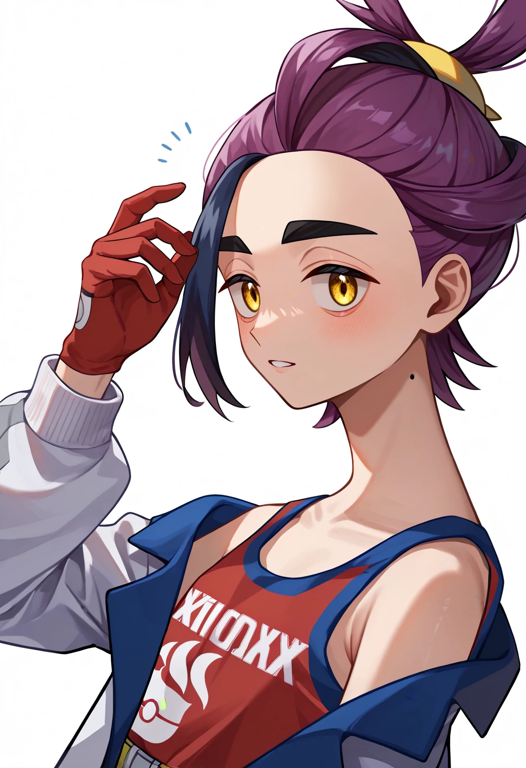 score_9, score_8_up, score_7_up, score_6_up, score_5_up, score_4_up, best quality, amazing quality, best aesthetic, absurdres, kieran_indigo, yellow eyes, multicolored hair, purple hair, single glove,ponytail, red glove, partially fingerless gloves, red tank top, open white jacket, off shoulder, long sleeves, white shorts, blue socks, white sneakers<lora:EMS-352734-EMS:1.000000>