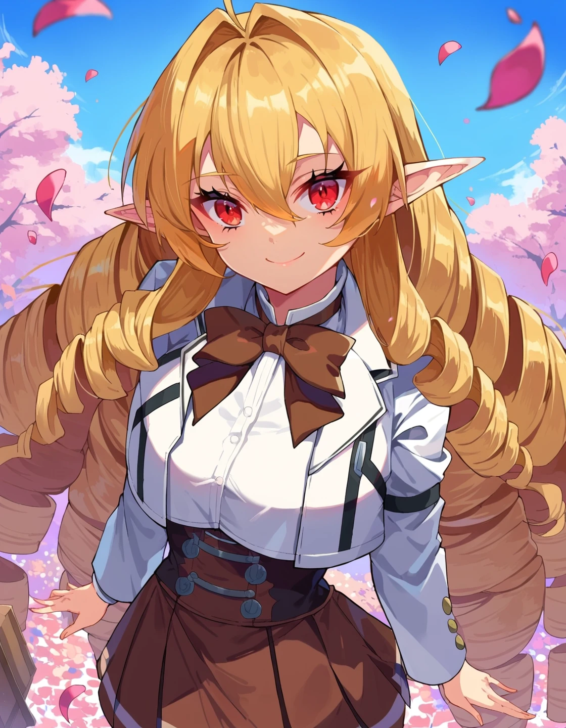 score_9, score_8_up, score_7_up, score_6_up, score_5_up, score_4_up, source anime, BREAK
<lora:mushoku_multiple:0.9> mushoku tensei, elinalise dragonroad, 1girl, ahoge, blonde hair, blue sky, bow, bowtie, box, brown bow, brown bowtie, brown skirt, closed mouth, cumulonimbus cloud, day, drill hair, floating hair, hair between eyes, hair intakes, looking at viewer, miniskirt, outdoors, petals, pleated skirt, pointy ears, red eyes, smile, solo, standing, underbust, very long hair, white jacket, white shirt, absurdres,
upper body, from above