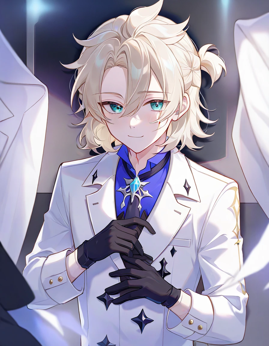 1boy,solo,male focus, smile,albedo,blonde hair,hair between eyes,aqua eyes,shirt,blue shirt,coat,white coat,scar on neck,gloves,black gloves