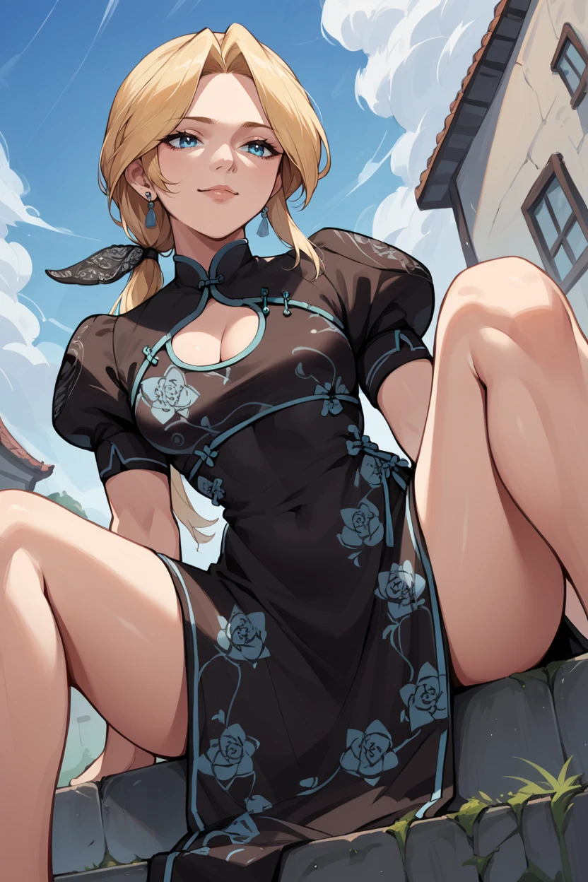 score_9, score_8_up, score_7_up, score_6_up, source_anime, BREAK 1girl, solo <lora:doahelena-pdxl-nvwls-v1-000006:1> doaHelena, low ponytail, earrings, black dress, china dress, long dress, cleavage cutout, short sleeves, puffy sleeves, black thighhigh, sitting, from below, spread legs, blue sky, ledge, happy