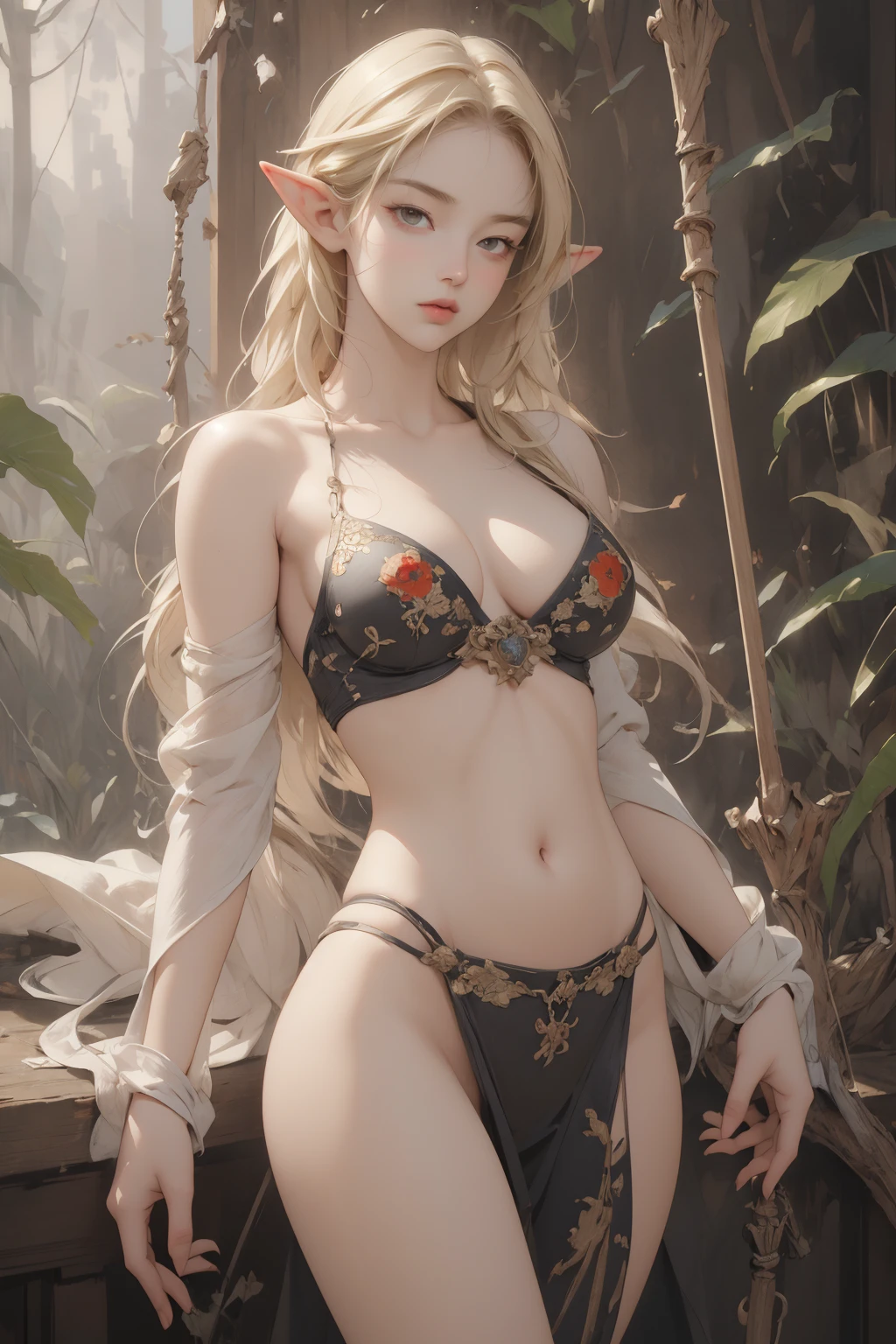 (photorealistic:1.2), (realistic:1.1), ((Masterpiece)), (high resolution:1.1) high quality, masterful, fantasy, amateur professional, (navel:1.2), detailed skin texture, gorgeous oil painting, (beautiful composition:1.2) (Masterpiece), (Beautiful blonde wood elf huntress:1.3), (tree spirit symbols and patterns:1.5), (ethereal fantasy:1.4), (detailed face:1.1), (detailed eyes:1.1), (mystical tattoos:1.1), skinny body (narrow waist:1.2), fantasy garden, fantasy art, nsfw, hetero, (very sexy:1.5), (fantasy grove:1), perfect anatomy, perfect proportions, (realistic:1.2), (photograph), skinny, sexy, (volumetric lighting:1.1), (dynamic lighting:1.1), (Rembrandt lighting:1.1), real shadows, by Greg Rutkowski, dark, atmospheric, (highres:1.3), high resolution, Sharp focus, contrasting colors, (hyperrealistic, Vivid colors:1.47), Intricate, High Detail, dramatic, big depth of field, , Vivid colors, Intricate, Vibrant colors, (wind:1.1) (windy:1.1) BREAK an awarded professional photo of 1 girl with Round apple body traditional attire adorned with bright colors and intricate patterns, showcasing their fierce and proud spirit. Their hairstyles are elaborate and include braids, and shells, representing their status as protectors of the king and the kingdom. ultradetailed, intricate face,(face details:1.1),perfect eyes, ideal body posture, perfect body proportions, by jeremy mann, by sandra chevrier, by maciej kuciara, (masterpiece:1.2), (ultradetailed:1.1), ultrasharp, (perfect, body:1.1), (realistic:1.3), (real shadow:1.2), photo Fujifilm XT3 ,(perfect body proportions:1.1), (by Michelangelo), (professional lights:1.3) (professional photography:1.3), in Fantasy Marshlands: A marshland with lush vegetation and pale-colored waters. (character focus:1.1), depth of field, anatomically correct hand, perfect anatomy, ideal limbs, ideal arms, ideal hands, (earrings:-1.2)