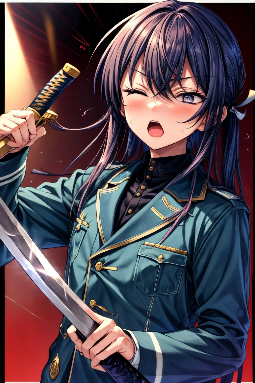 (masterpiece), best quality, expressive eyes, perfect face, souma_k, open mouth, long sleeves, holding, school uniform, jacket, closed eyes, upper body, weapon, sword, holding weapon, sweatdrop, holding sword, border, katana, >_<, blue jacket,, <lora:more_details:0.7>, <lora:GoodHands-beta2:0.7>, <lora:57b464ab-0556-4993-8fd2-c1f58c46a3dd:0.7>