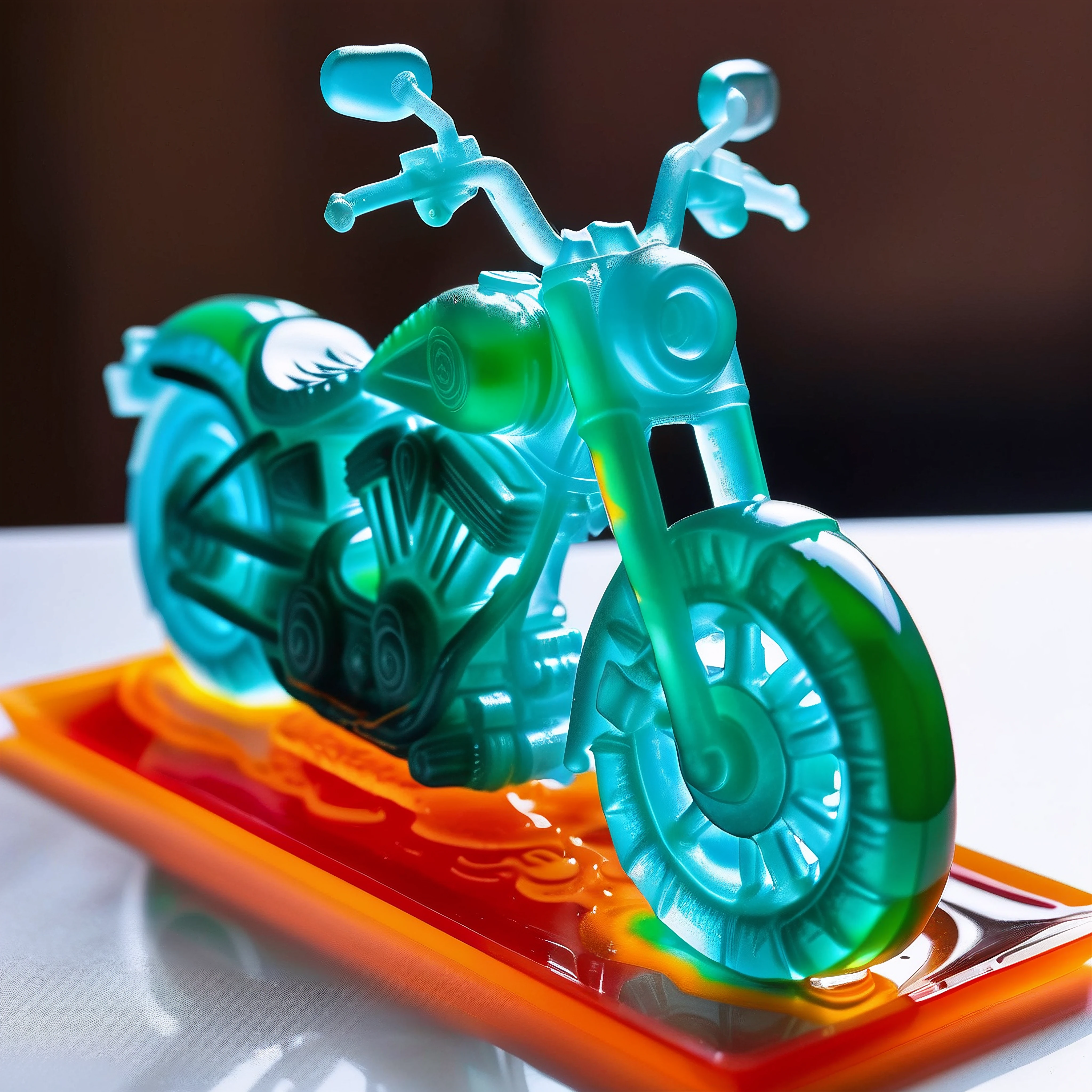 A sculpture, a Harley Davidson motorcycle is made out of jello_molds, food photography, magazine editorial, best quality, soft focus, intricate detail 