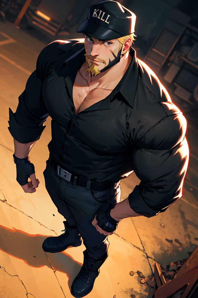 solo male, Killer T Cell \(Cells at Work\), tan skin, blond hair, black eyes, facial hair, beard, scar on face, uniform, black shirt, partially open shirt, partially open clothes, pectoral, black pants, black cap, earpiece, fingerless gloves, boots, mature, handsome, muscular, bulky, charming, alluring, standing, upper body, ((perfect anatomy, perfect proportions)), best quality, masterpiece, high_resolution, dutch angle, cowboy shot, photo background<lora:EMS-353608-EMS:0.800000>