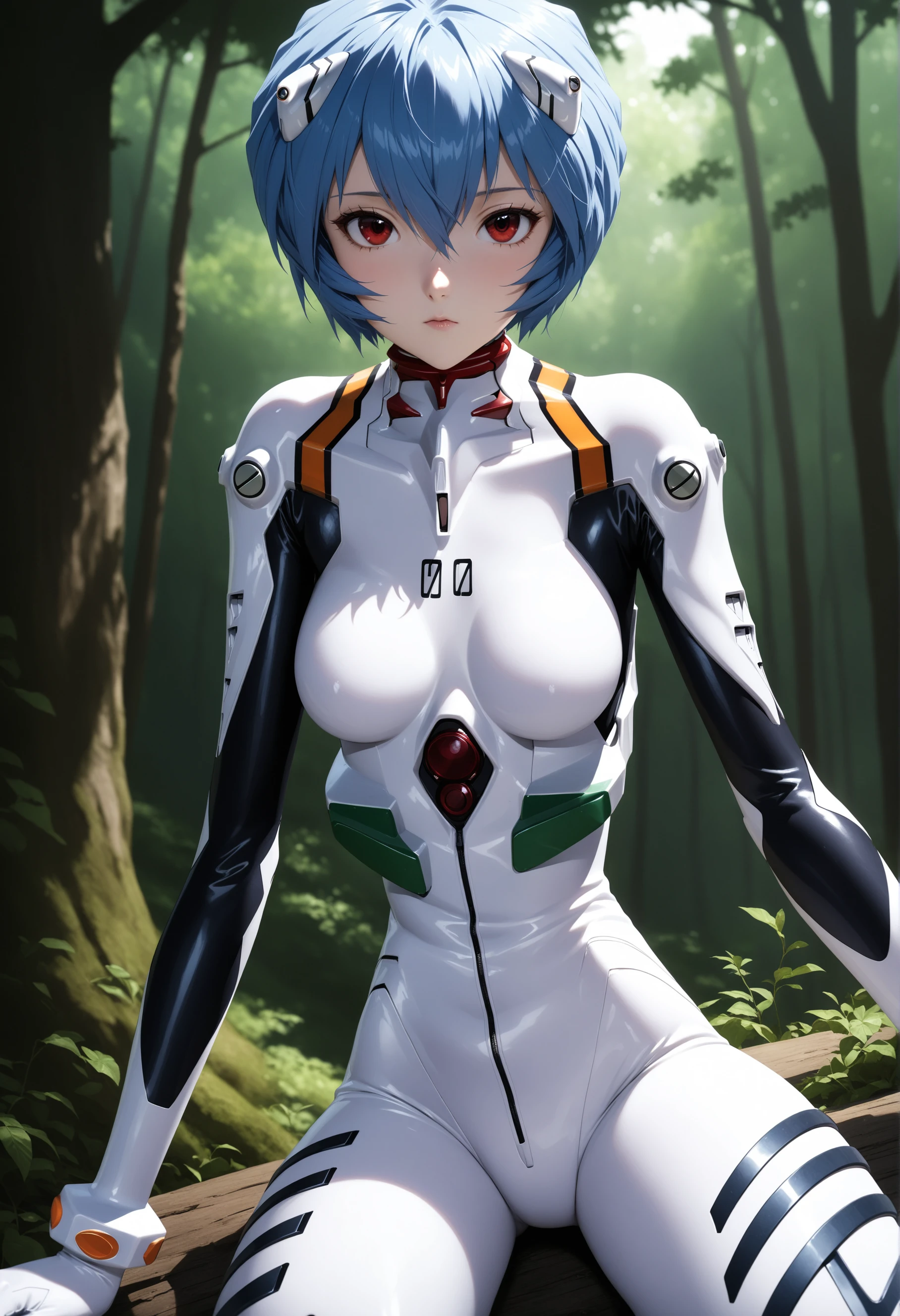 masterpiece, best quality, very aesthetic, ultra detailed, intricate details, 4k, anime style,
LatexRei, 1girl, solo, blue hair, short hair, bangs, red eyes, breasts, small breasts, hair between eyes, 
gloves, bodysuit, turtleneck, pale skin, breasts apart, pilot suit, bracer, plugsuit, white bodysuit, skinny, interface headset, ayanami rei, neon genesis evangelion, 
sitting, cowboy shot, looking at viewer, forest, outdoors, tree, sunlight, cloudy, <lora:Rei_XL:1>