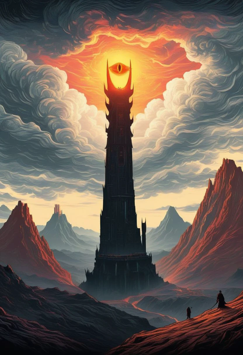 ((masterpiece, best quality)), high resolution, highly detailed, 32k picture, realistic, professional photo,    
cinematic, movie poster, flat colors, warm colors, SauronsTower, cloud, cloudy sky, mountain range, volcano,