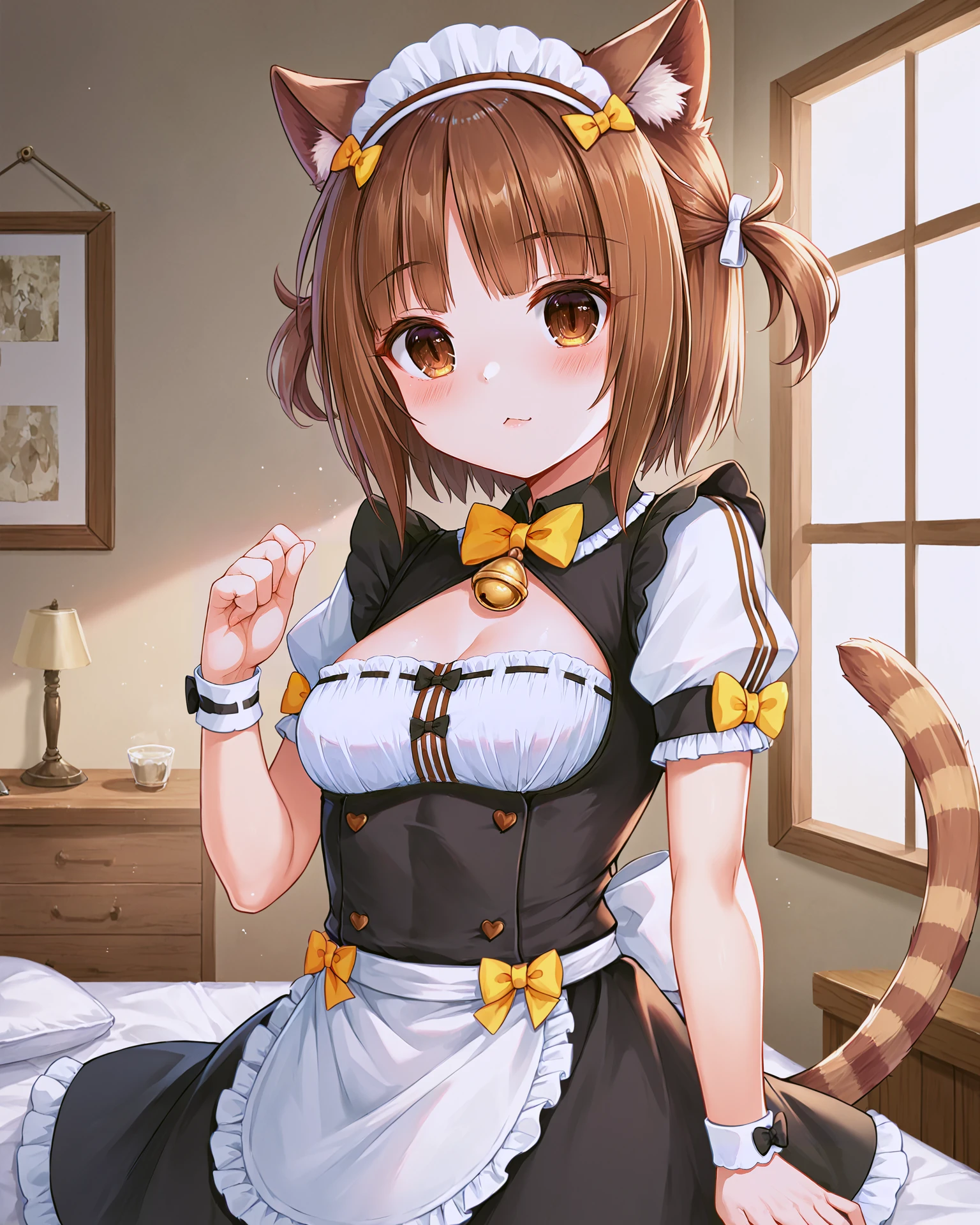 <lora:Neko_Azuki_XL:0.7> azuki, brown hair, bangs, brown eyes, cat girl, cat ears, cat tail, striped tail, bow, yellow bow, ribbon, bell, neck bell, hair ribbon, maid headdress, maid, frills, clothing cutout, cleavage cutout, short sleeves, puffy sleeves, wrist cuffs, puffy short sleeves, apron, waist apron, frilled apron, upper body,, <lora:9_Detail_Tweaker_XL:0.8>, score_9, score_8_up, score_7_up, source_anime, masterpiece, best quality, highly detailed background, cinematic lighting, detailed eyes, perfect face,, lazy, teenager room, messy, bedroom, bed sheet, closet,