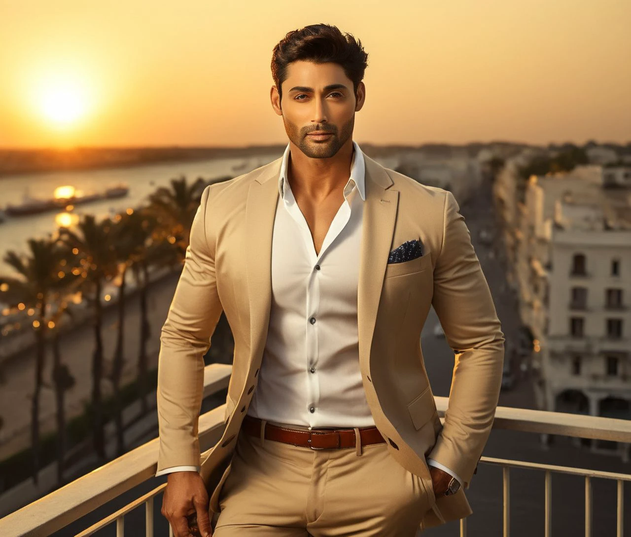 Nautical-themed (Photo:1.3) of (Ultrarealistic:1.3) <lora:Man_Men_FFashion:1> Fabien Frankel a man <lora:Ruslaan-Mumtaz_Fabien-Frankel:1> in a tan suit standing on a balcony, sun behind him, inspired by Pablo Munoz Gomez, shot at golden hour, editorial photograph, midshot of a hunky, by Roman Bezpalkiv, by Artur Tarnowski, maxim sukharev, by Gabor Szikszai,Highly Detailed,(Mono Color:1.3) . Sea, ocean, ships, maritime, beach, marine life, highly detailed