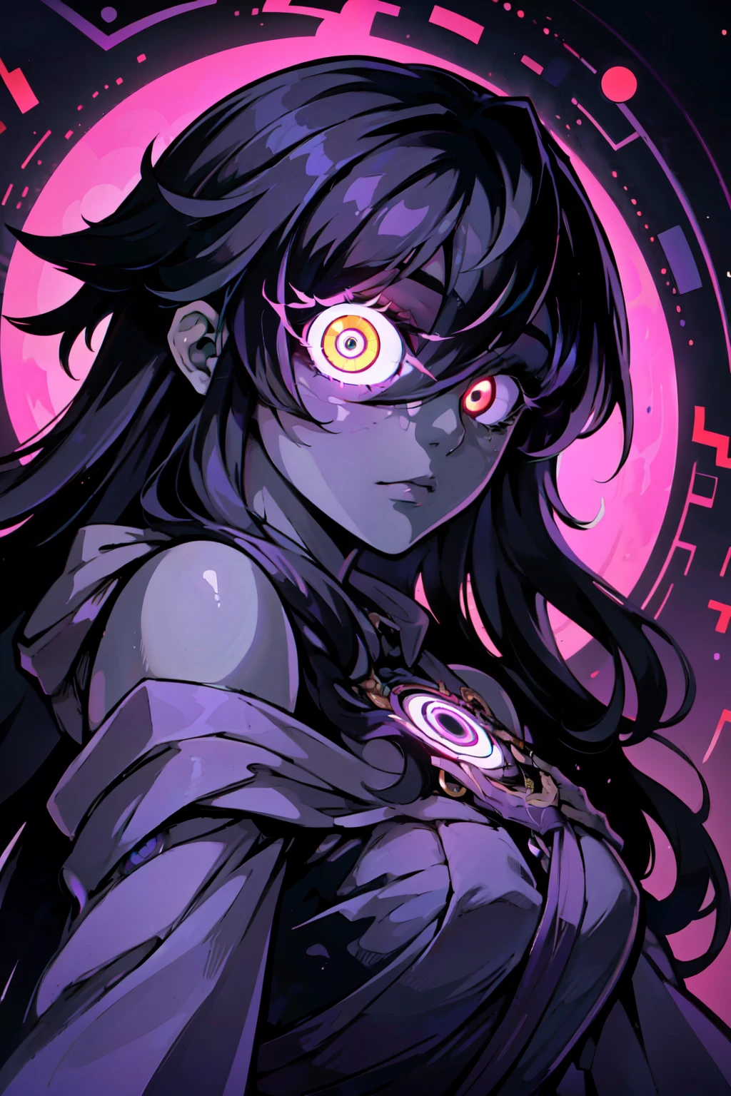 ((masterpiece,best quality)), absurdres, <lora:Occult_Oculi_Magic:0.8>,  OccultOculi, 1girl, solo, long hair, looking at viewer, black hair, upper body, multicolored eyes, purple theme,