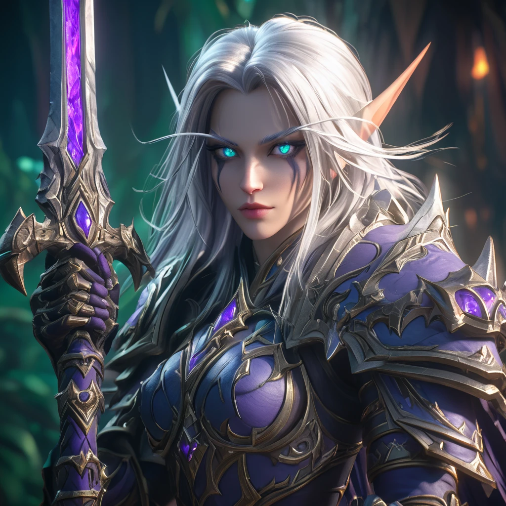 a close up cinematic shot of a beautiful female world of warcraft Night Elf wearing armor, beautiful white hair, green eyes, dungeon cellor in background, hkelf, HD, masterpiece, best quality, hyper detailed, ultra detailed