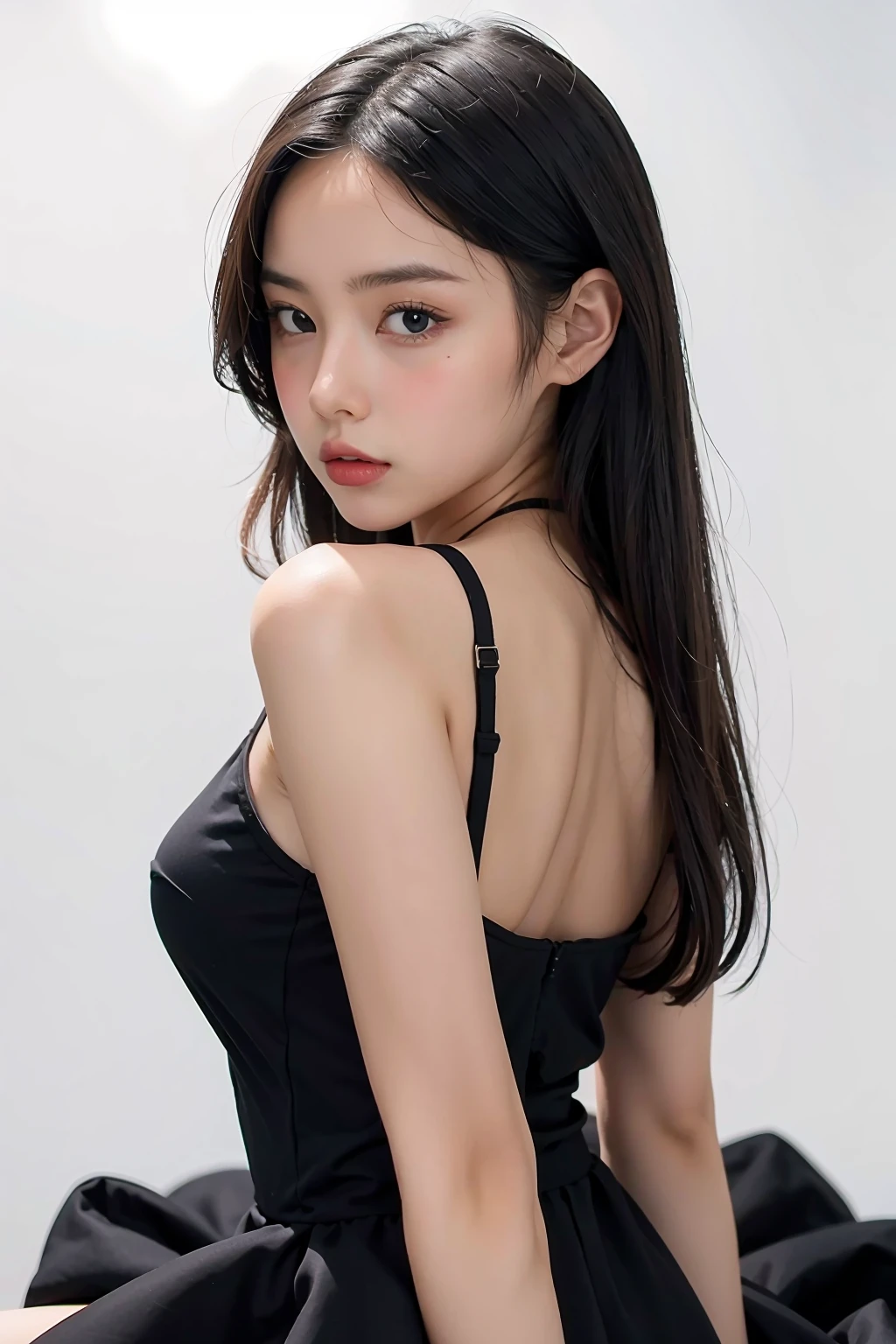 1girl, black  dress, white background,  <lora:imnotperfectgal_jomjam-02:1>