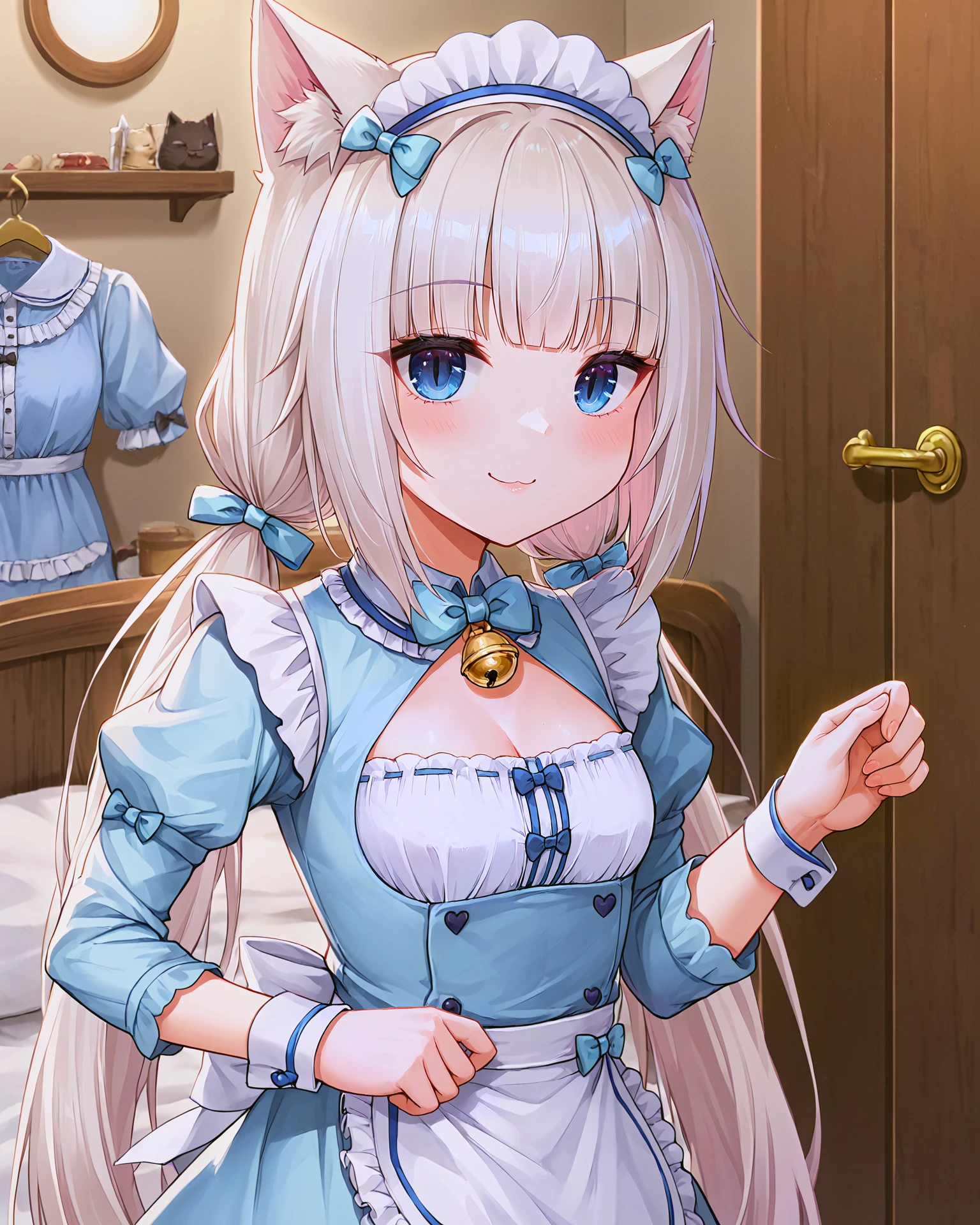 <lora:Neko_Vanilla_XL:0.7> vanilla, blue eyes, white hair, bangs, blunt bangs, cat girl, cat ears, cat tail, long hair, twintails, very long hair, bow, ribbon, bell, neck bell, hair ribbon, hair ornament, maid headdress, (light blue dress:1.2), frills, cleavage, blue sleeves, long sleeves, sleeves past wrists, puffy sleeves, wrist cuffs, puffy short sleeves, apron, waist apron, frilled apron,  :3, cat mouth, cat smile, upper body,, <lora:9_Detail_Tweaker_XL:0.8>, score_9, score_8_up, score_7_up, source_anime, masterpiece, best quality, highly detailed background, cinematic lighting, detailed eyes, perfect face,, lazy, teenager room, messy, bedroom, bed sheet, closet,