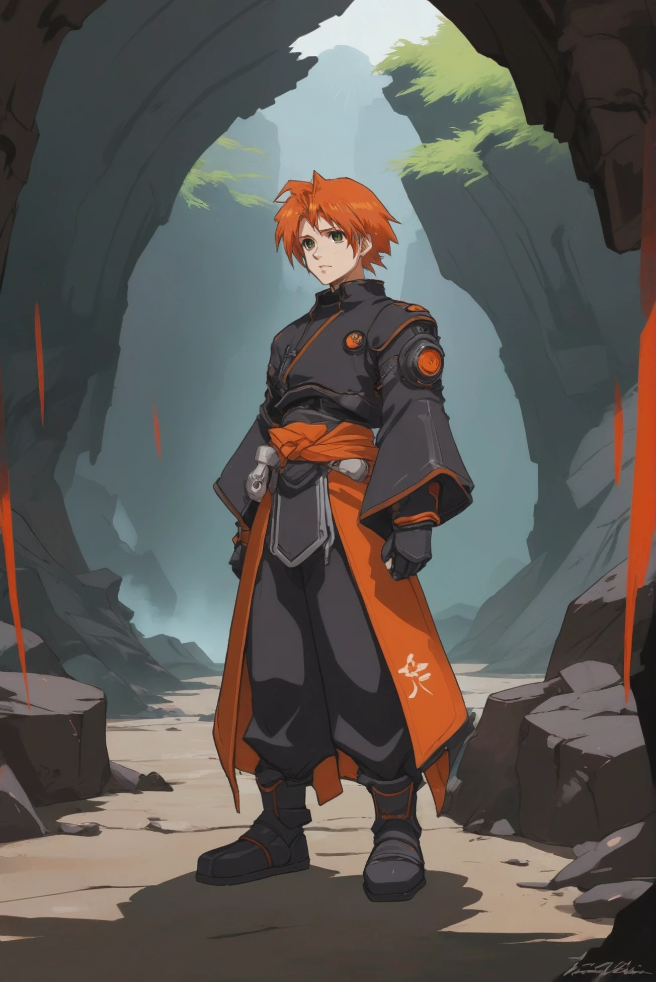 anime style digital painting, xenogears official art, (full body:1.2), 1boy, man, bishounen, solo, [:outlandish costume design,:0.2] alchemist, yukata, power armor, chinese, light darkorange hair, (solid:1) build, Security and Surveillance Center \(room\) in a cheerful,ghostly scifi hamlet in a Lava Tube Systems<lora:EnvyStarlightXenogearsStyle01:1>