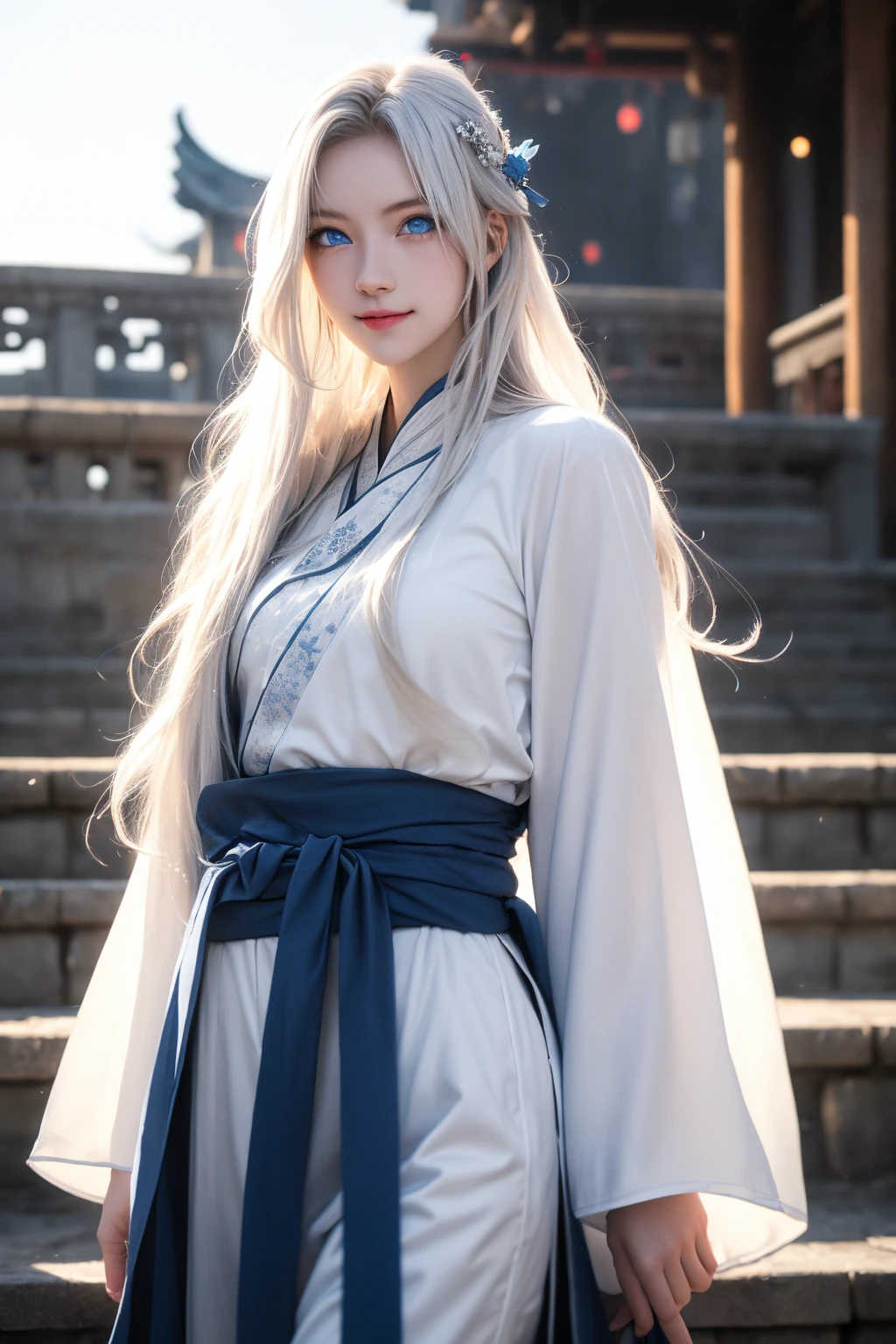 hanfu,face lighting,bright backlight,super high resolution,best quality,Photos,4k,(Realistic:1.2),1girl,solo,(white hair:1.1),(long hair:1.1),(blue_eyes:1.3),(hair_ornament:1.1),smile,standing,thigh,