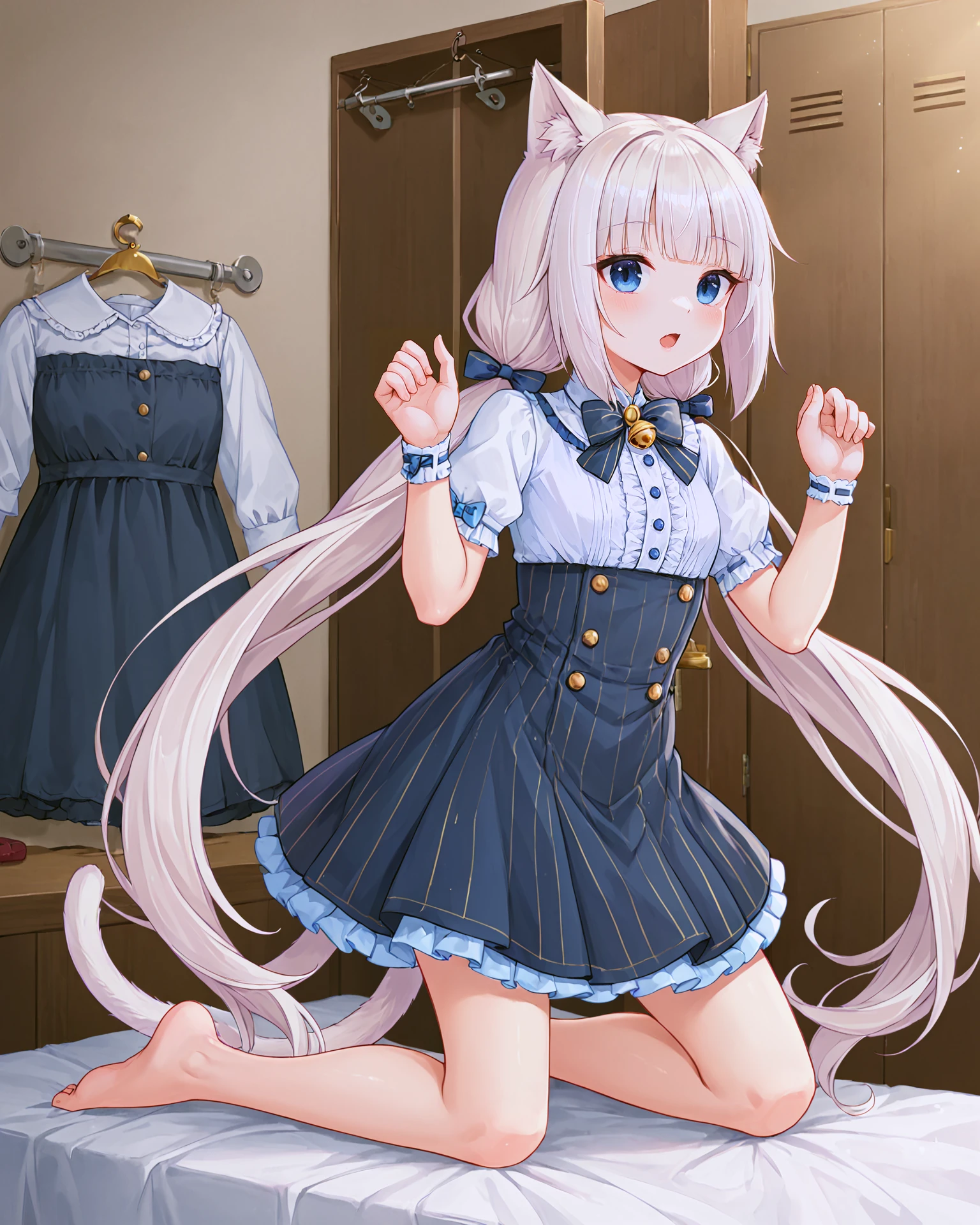 <lora:Neko_Vanilla_XL:0.7> vanilla, blue eyes, white hair, bangs, blunt bangs, cat girl, cat ears, cat tail, long hair, twintails, low twintails, very long hair, (hair ribbon:1.1), hair bow, bow, ribbon, bell, neck bell, (white top:1.1), gold buttons, dark blue dress, blue skirt, striped, pinstripe pattern, frills, wrist ribbon, (tail ornament:1.1),  dancing, hands up, open mouth,, <lora:9_Detail_Tweaker_XL:0.8>, score_9, score_8_up, score_7_up, source_anime, masterpiece, best quality, highly detailed background, cinematic lighting, detailed eyes, perfect face,, lazy, teenager room, messy, bedroom, bed sheet, closet,