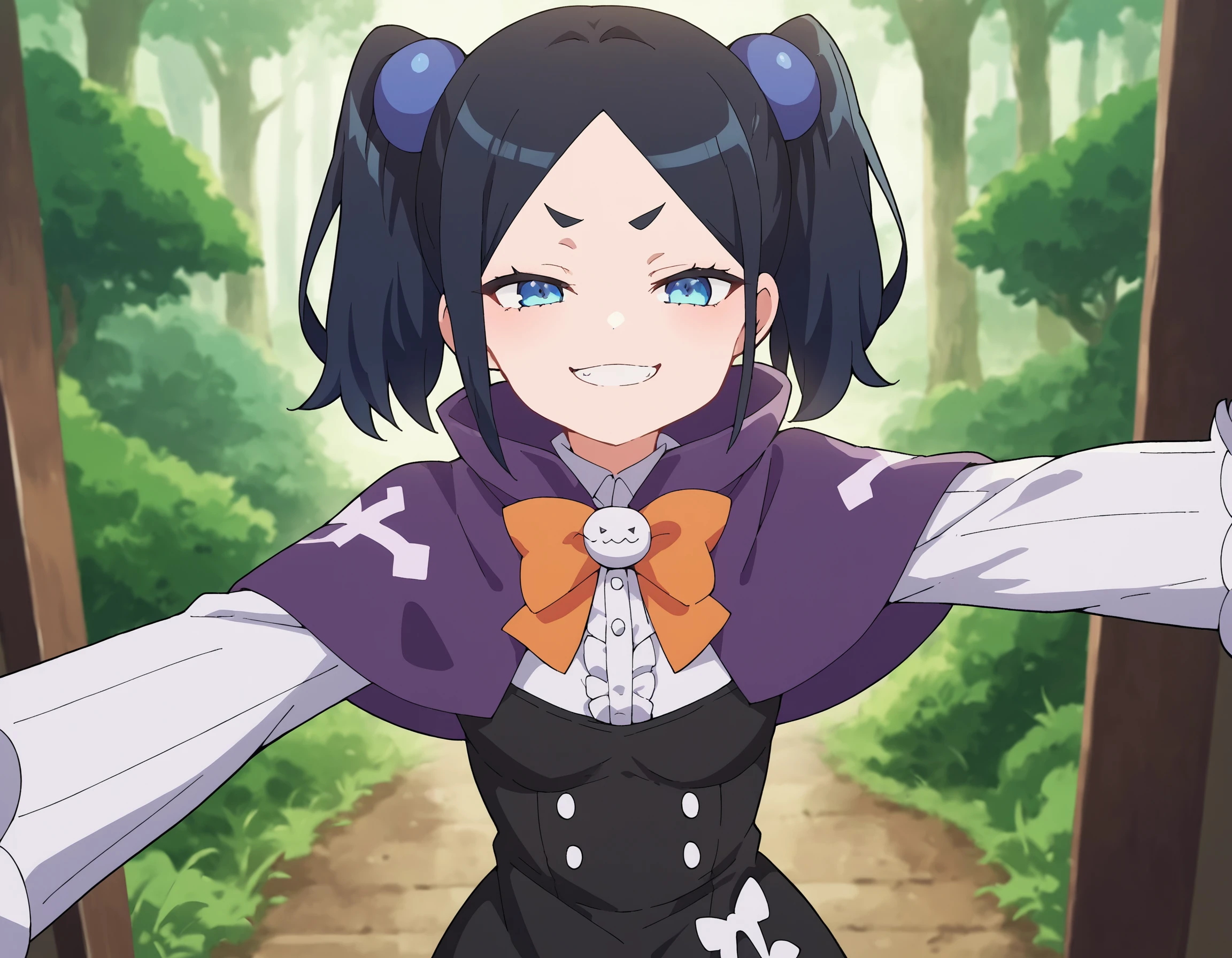 score_9, score_8_up, score_7_up, score_6_up, score_5_up, score_4_up,
BREAK
source_anime,1girl, solo, simple background, in the forest
smug, 
black dress, white sleeves, orange bow, purple capelet, black pantyhose, frills, blue hair ornament,
standing, selfie,
black hair, blue eyes, twintails, small breasts
<lora:Toxico_Dannar_-_Futoko_no_Guild_-_Pony:0.8>