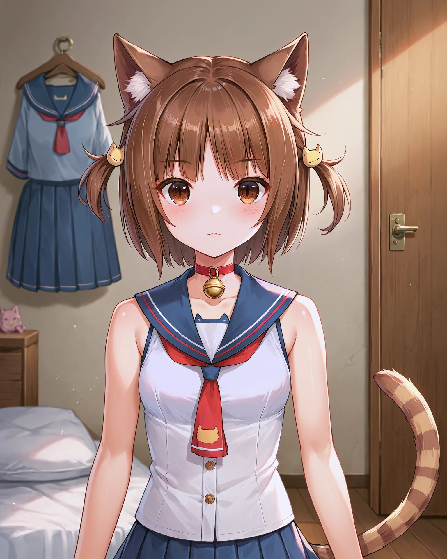 <lora:Neko_Azuki_XL:0.7> azuki, brown hair, bangs, brown eyes, cat girl, cat ears, cat tail, striped tail, short hair, hair ornament, choker, collar, bell, neck bell, sailor, sailor collar, blue sailor collar, red necktie, shirt, white shirt, sleeveless shirt, bare shoulders, sleeveless, bare arms, skirt, blue skirt, pleated skirt, upper body,, <lora:9_Detail_Tweaker_XL:0.8>, score_9, score_8_up, score_7_up, source_anime, masterpiece, best quality, highly detailed background, cinematic lighting, detailed eyes, perfect face,, lazy, teenager room, messy, bedroom, bed sheet, closet,