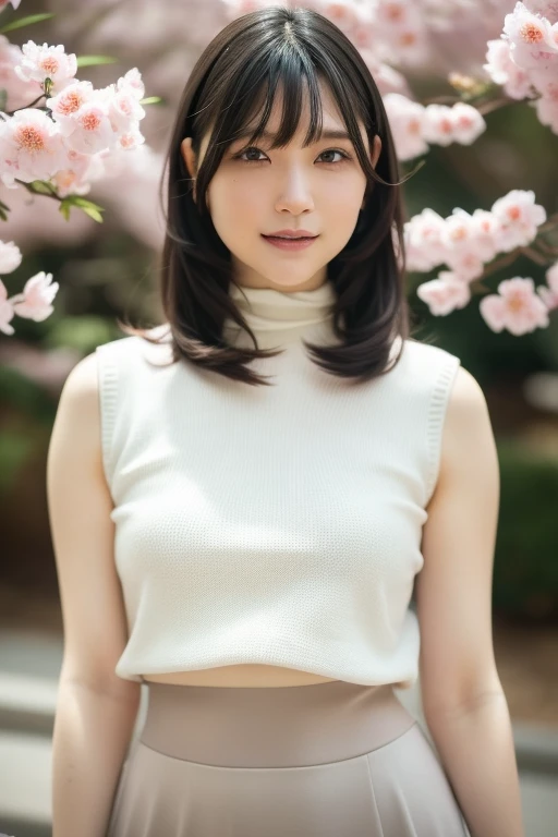 1girl,(RAW photo, best quality), (realistic, photo-realistic:1.4), masterpiece, an extremely delicate and beautiful, extremely detailed, 2k wallpaper, Amazing, finely detail, extremely detailed CG unity 8k wallpaper, ultra-detailed, highres, soft light, beautiful detailed girl, extremely detailed eyes and face, beautiful detailed nose, beautiful detailed eyes,cinematic lighting,perfect anatomy,slender body
wearing a white turtleneck sleeveless sweater,white skirt,(bokeh:1.2)
at a flower park,sakura flowers,flower garden
hair with bangs
<lora:amatsumarinaV2_lora:0.8>,smile