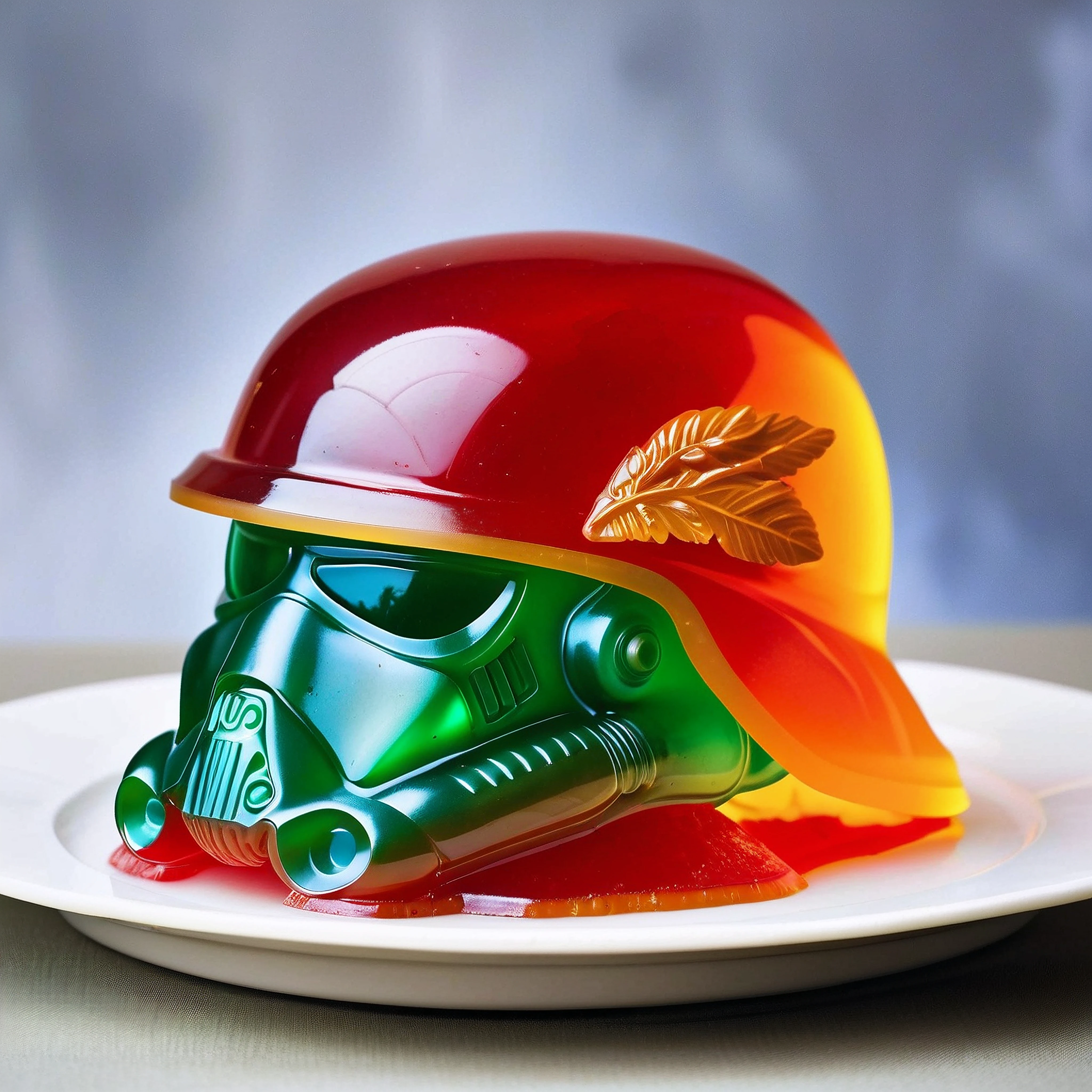 A sculpture, a master chiefs helmet is made out of jello_molds, food photography, magazine editorial, best quality, soft focus, intricate detail 