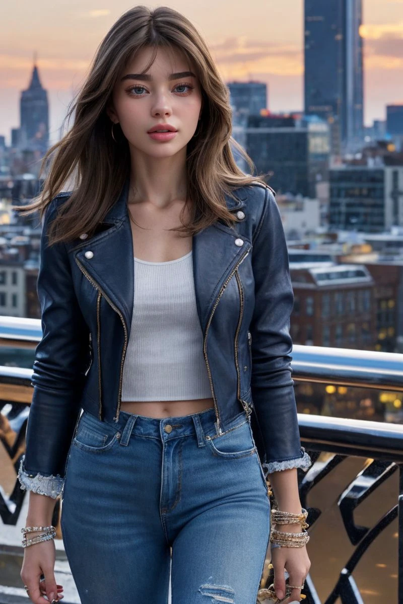 photo of S387_AnnaRalphs,a stylish woman,in a (city:1.1),wearing a (blue-leather-jacket:1.1),(jeans),(cityscape),(sunset),(4k, RAW photo, best quality, 50mm, depth of field, ultra high res:1.1),(intricate, photorealistic, cinematic-shot, masterpiece, ultra-detailed:1.1),