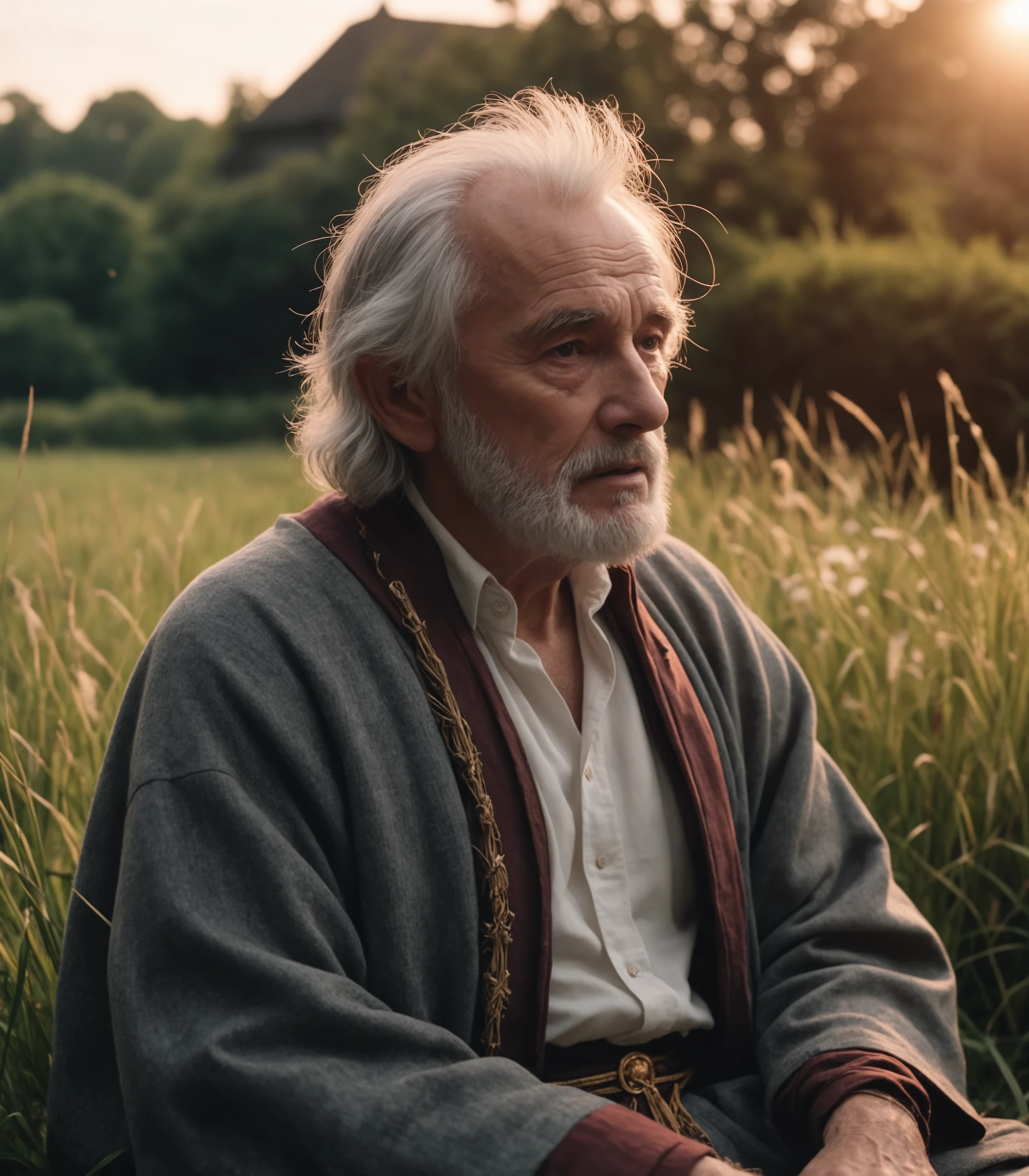 ((best quality)) , [by Richard Hamilton| Jasper Francis Cropsey], scene art, cinematic still, grass, (old man:1.3) , bored, dressed in Divine Chaperon, Dynamic pose, his hair is Brunette, Shoulder pads, at Sunset, Anime screencap, Concept Art World, emotional, 4k epic detailed, shot on kodak, 35mm photo, high budget, cinemascope, moody, epic, gorgeous, film grain, grainy, cinestill, awardwinning
