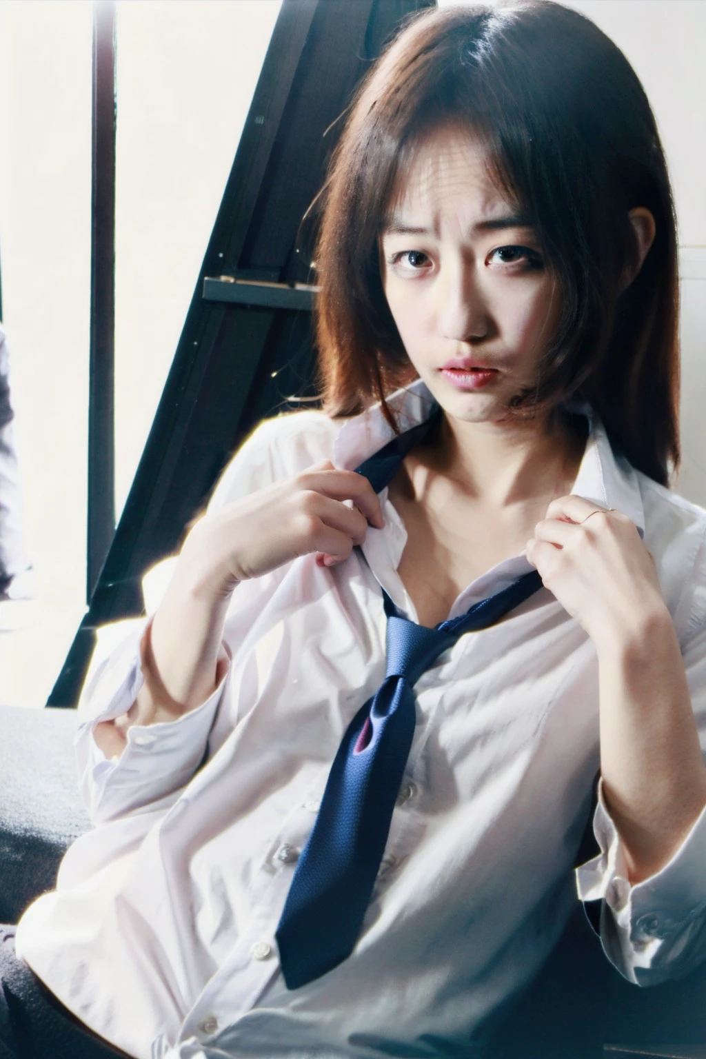 1girl, solo, looking at viewer, realistic, photorealistic, lips, long hair, (necktie, shirt: 1.1), dynamic composition, cinematic lighting, studio quality, (in studio: 1.1), (white background: 1.1), <lora:xiaoyue:1>, <lora:breastsizeslideroffset:-0.4>, <lora:skin_slider_v2_1_FACE:0.5>, <lora:add_detail_v5:1>