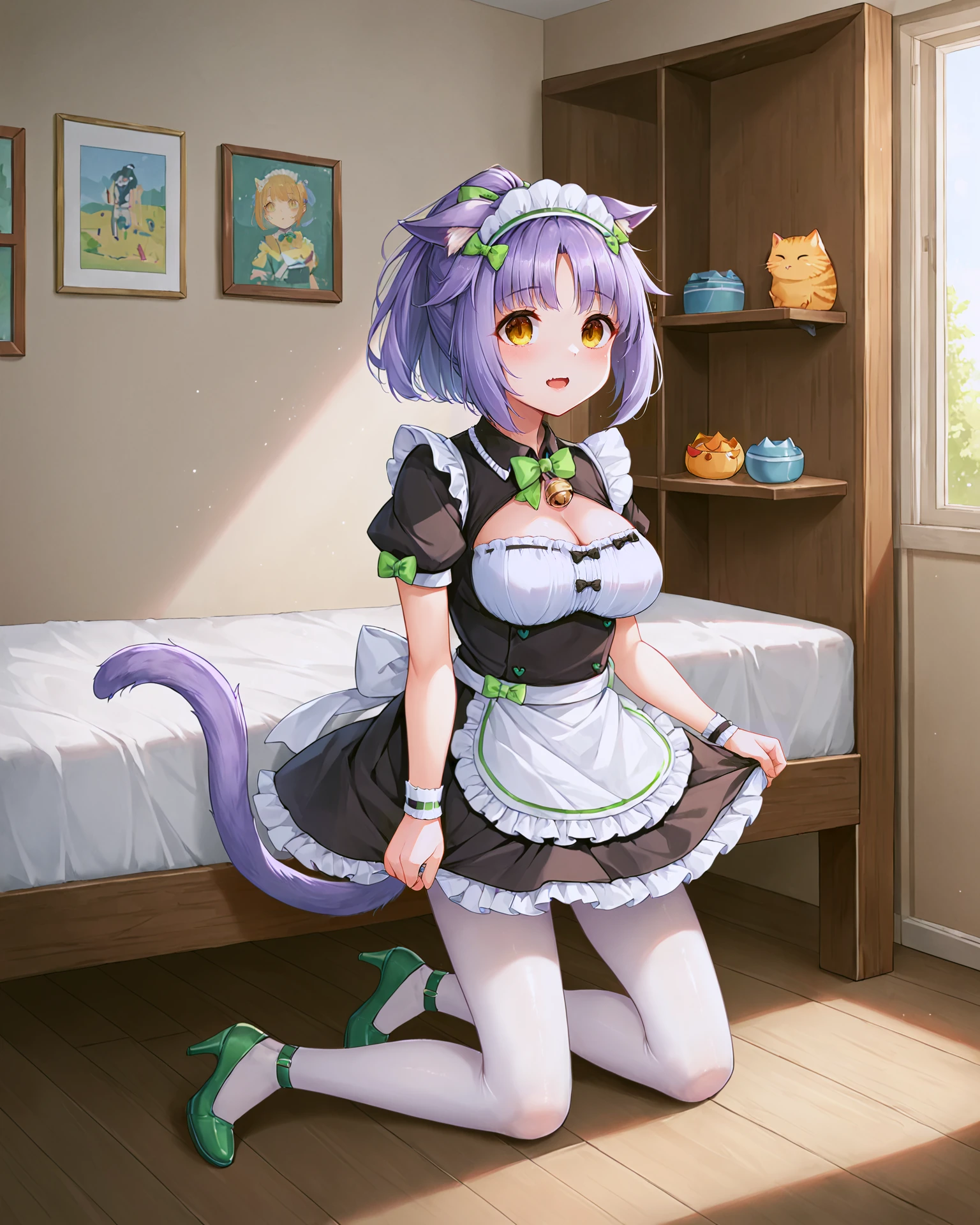 <lora:Neko_Cinnamon_XL:0.7> cinnamon, light purple hair, bangs, yellow eyes, cat girl, cat ears, cat tail, bow, green bow, ribbon, bell, neck bell, hair ribbon, maid headdress, maid, frills, clothing cutout, cleavage cutout, short sleeves, puffy sleeves, wrist cuffs, puffy short sleeves, apron, waist apron, frilled apron, pantyhose, white pantyhose, white legwear, shoes, high heels, green footwear,, <lora:9_Detail_Tweaker_XL:0.8>, score_9, score_8_up, score_7_up, source_anime, masterpiece, best quality, highly detailed background, cinematic lighting, detailed eyes, perfect face,, lazy, teenager room, messy, bedroom, bed sheet, closet,