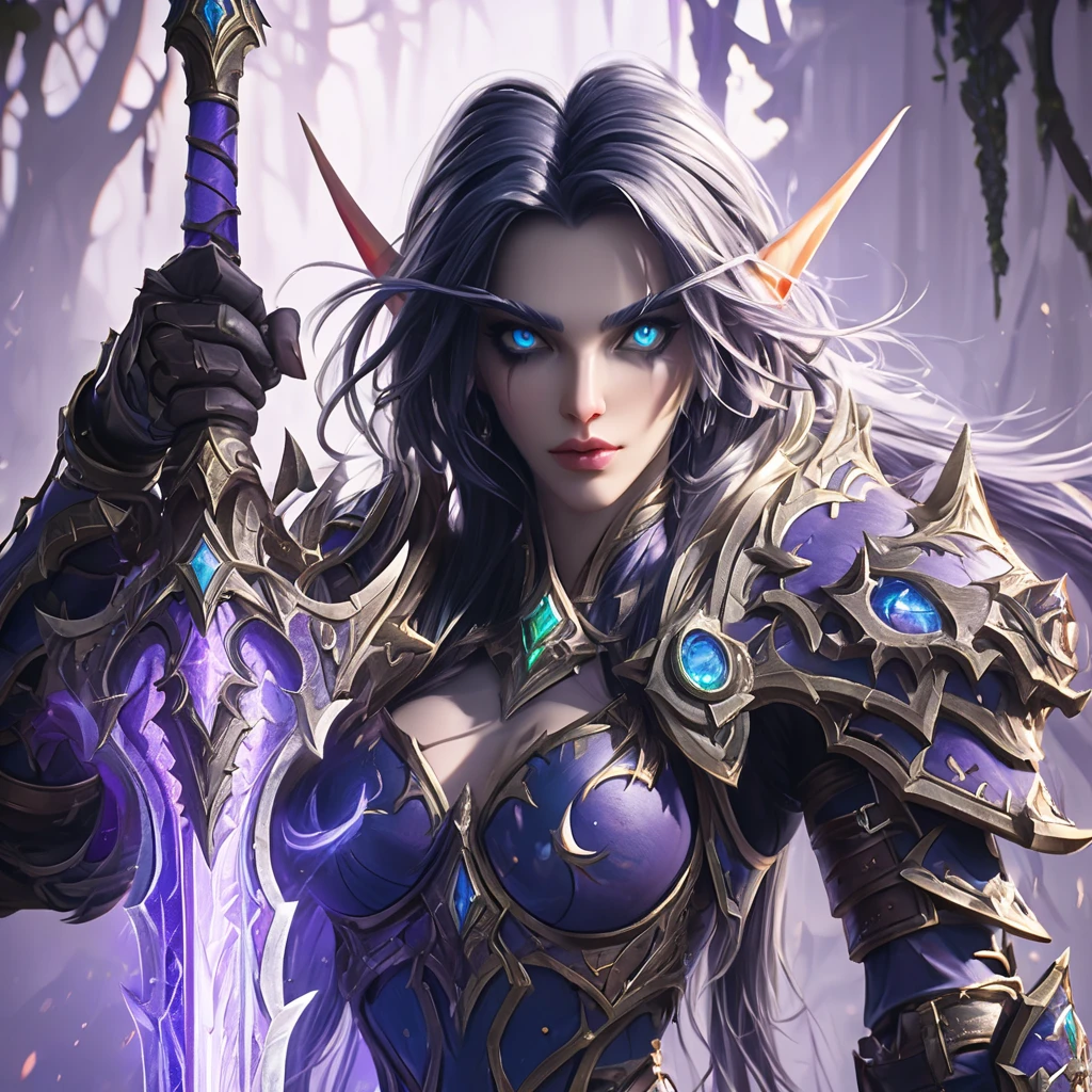 a close up cinematic shot of a beautiful female world of warcraft Night Elf wearing armor, dungeon cellor in background, hkelf, HD, masterpiece, best quality, hyper detailed, ultra detailed