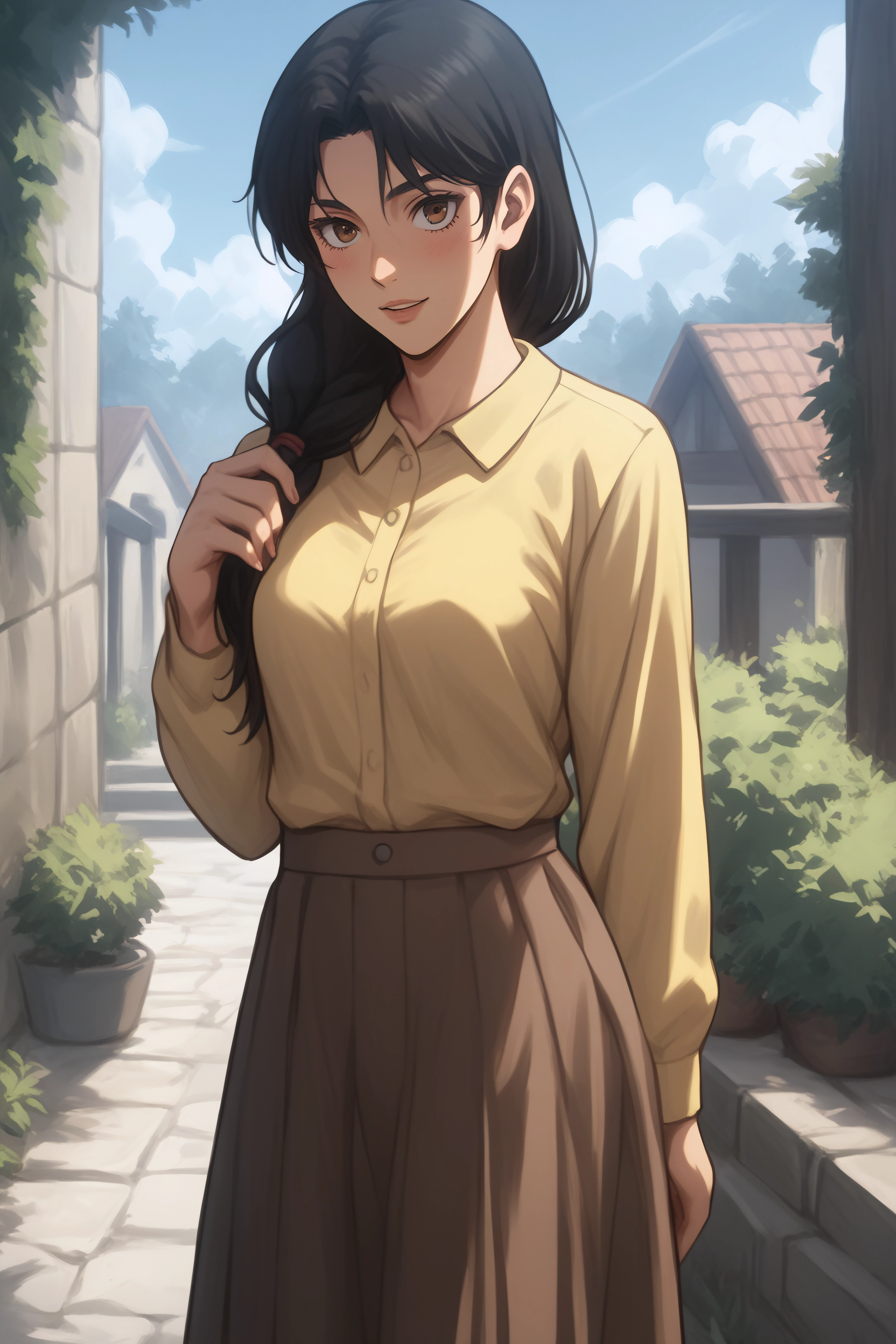 score_9, score_8_up, score_7_up, BREAK source_anime, <lora:carla yeager-PonyXL-lora-Faxtron:0.8> carla yeager, tucked-in yellow shirt, long sleeves, brown skirt,