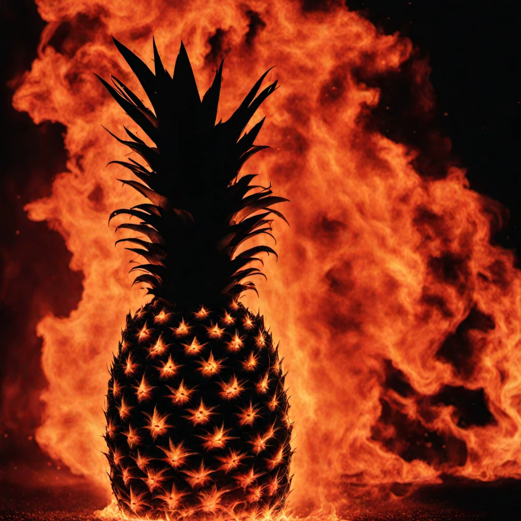 silhouette of a pineapple in front of an inferno  <lora:inferno:1> all over, black background