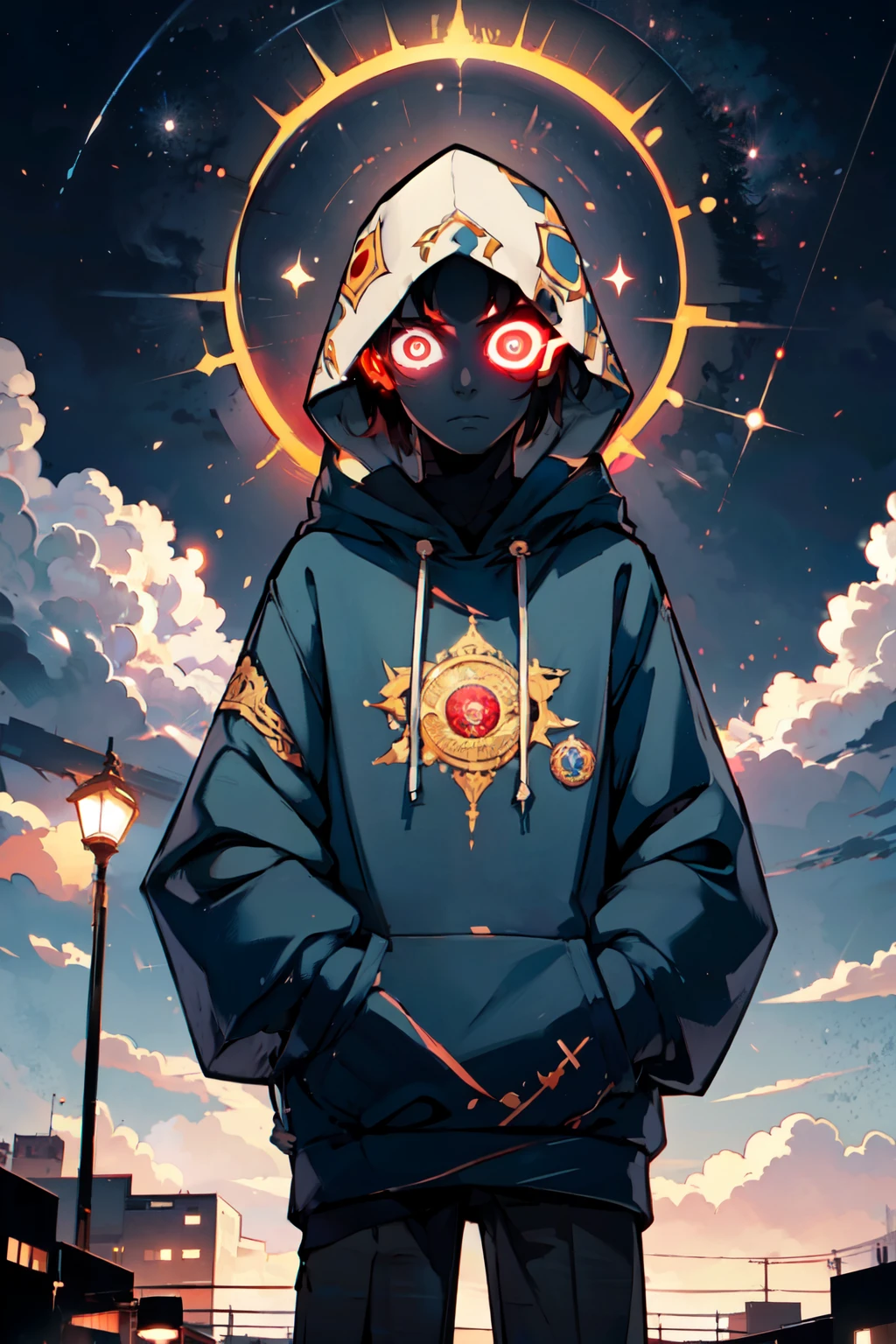 ((masterpiece,best quality)), absurdres, <lora:Occult_Oculi_Magic:0.8>,  OccultOculi, solo, looking at viewer, 1boy, jacket, male focus, cowboy shot, pants, hood, hoodie, black pants, hood up, hands in pockets,  red eyes, outdoors, sky, cloud, night, building, star (sky), night sky, scenery, starry sky, city, silhouette, dark, lamppost,