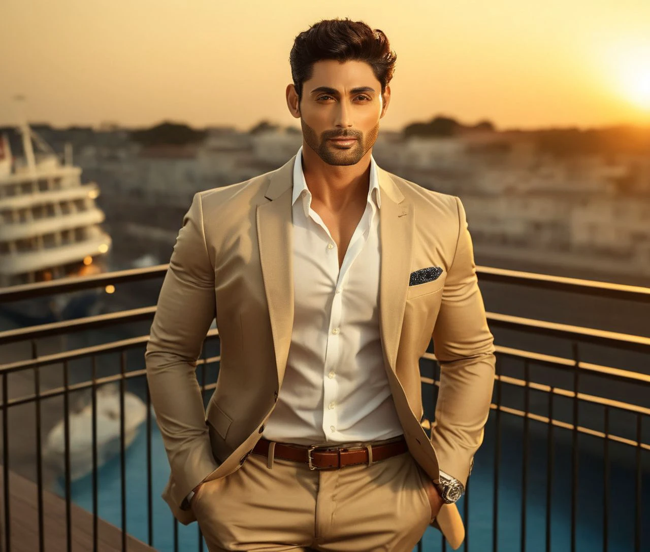 Nautical-themed (Photo:1.3) of (Ultrarealistic:1.3) <lora:Man_Men_FFashion:1> Fabien Frankel a man <lora:Ruslaan-Mumtaz_Fabien-Frankel:1> in a tan suit standing on a balcony, sun behind him, inspired by Pablo Munoz Gomez, shot at golden hour, editorial photograph, midshot of a hunky, by Roman Bezpalkiv, by Artur Tarnowski, maxim sukharev, by Gabor Szikszai,Highly Detailed,(Mono Color:1.3) . Sea, ocean, ships, maritime, beach, marine life, highly detailed