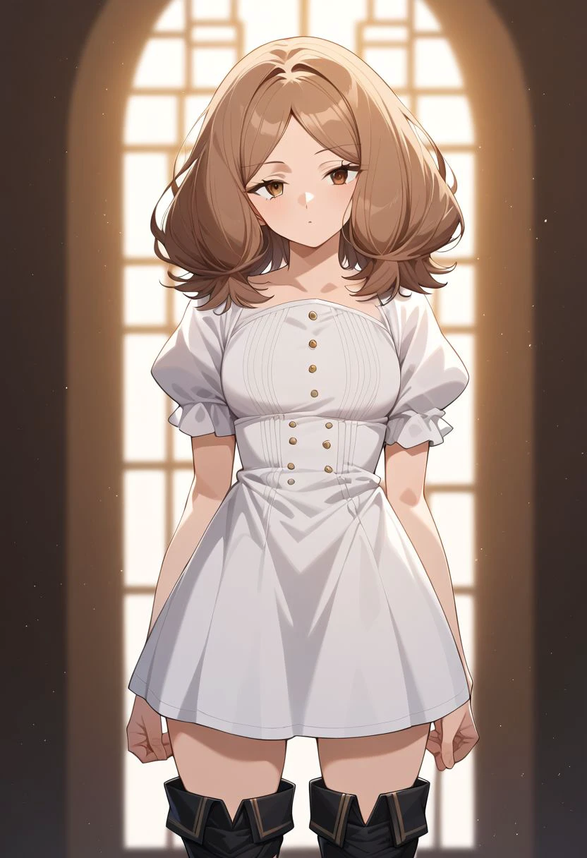 score_9,source_anime,1girl,solo,simple background, masterpiece,very aesthetic,
cinematic lighting, beautiful hair, beautiful eyes, beautiful skin, fully body,
Edel , light brown hair, bob hair, splashed hair tips, center part bangs, brown eyes, slant eyes, droopy eyes,
white one-piece, white mini skirt one-piece, white one-piece dress, puffy sleeves, short sleeves, black thighhigh boots,
standing , open legs, looking viewer, simple background, bokeh, light particles,