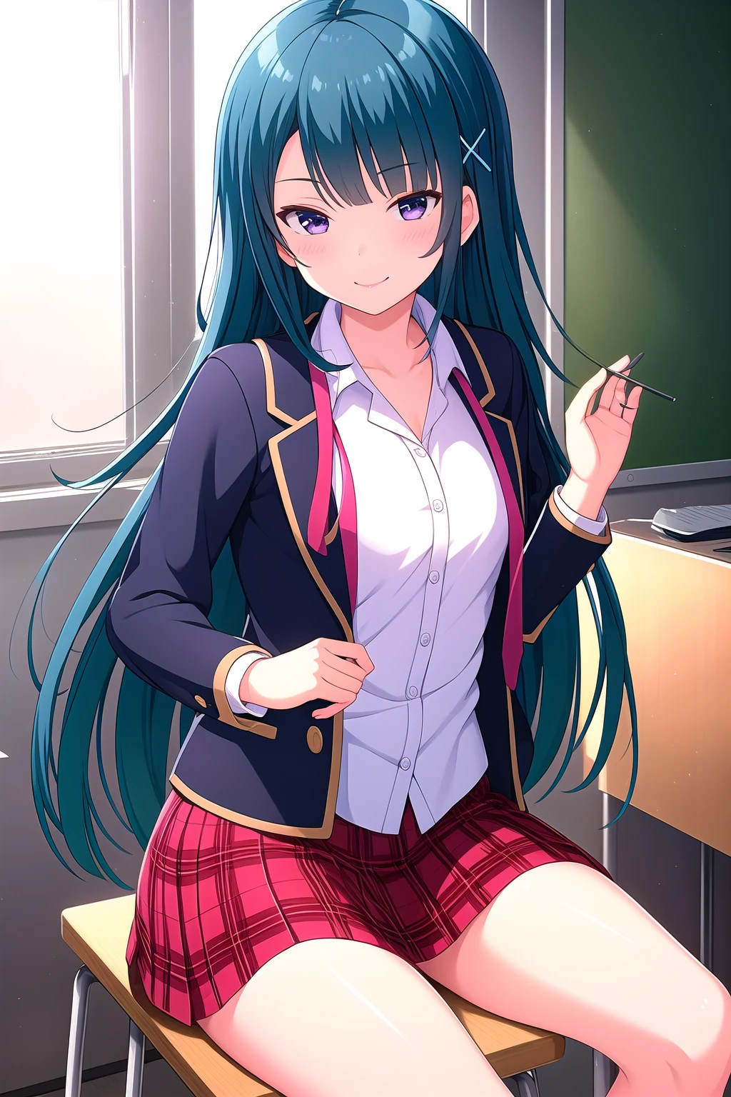 (masterpiece, best quality), highly detailed background, perfect lightingbest quality, chiyouraayame, solo, indoors, classroom, aqua hair, blunt bangs, hairclip, x hair ornament, very long hair, purple eyes, small breasts, blue jacket, blazer, open jacket, red necktie, undone necktie, white shirt, red skirt, plaid skirt, school uniform, light smile, closed mouth, :), pink lips, <lora:Chiyoura-Ayame:0.7>